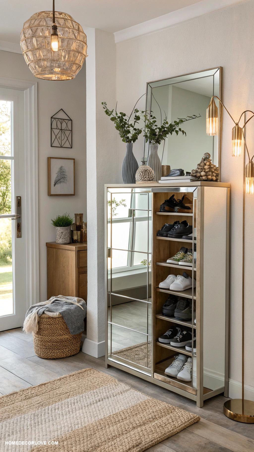 shoe cabinet entryway ideas Mirrored cabinet to enhance entryway light
