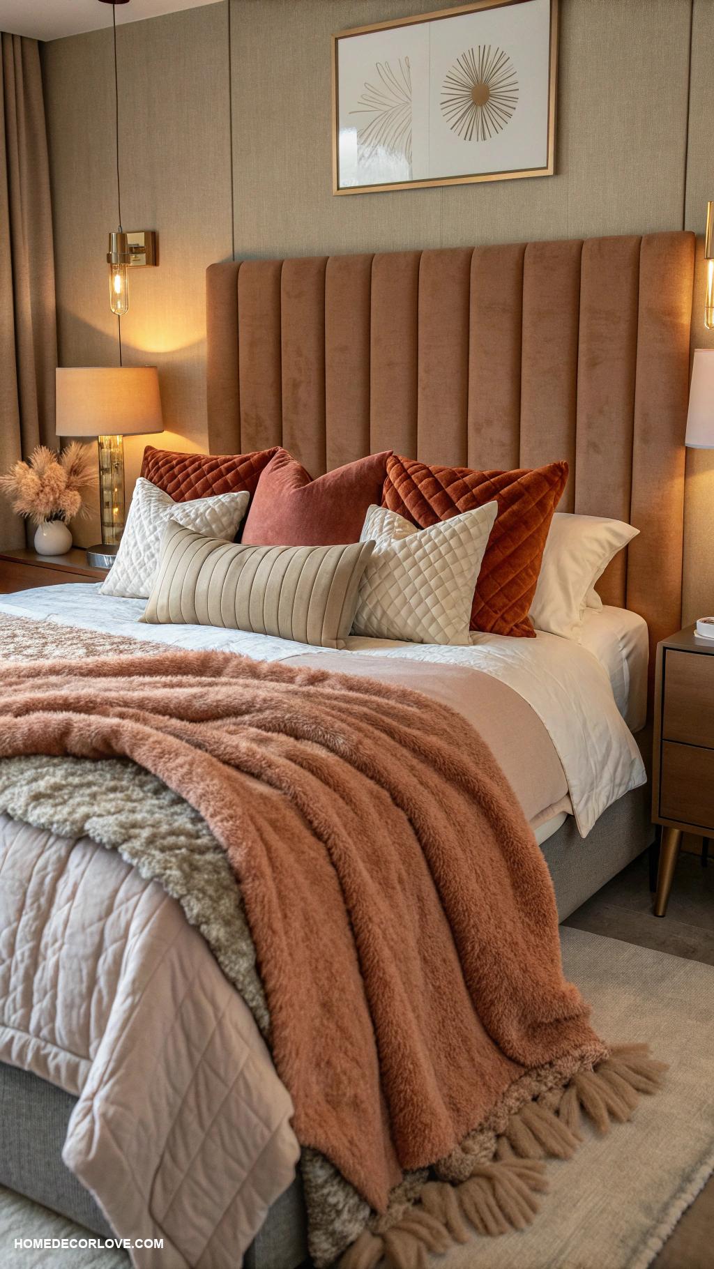 warm bedroom aesthetic Layered textures with plush blankets