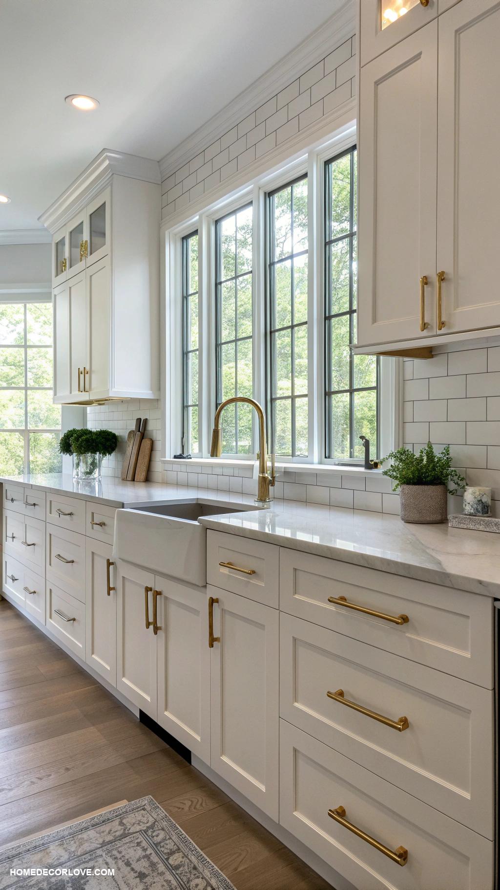 white kitchen cabinets Matte white cabinets with brass handles
