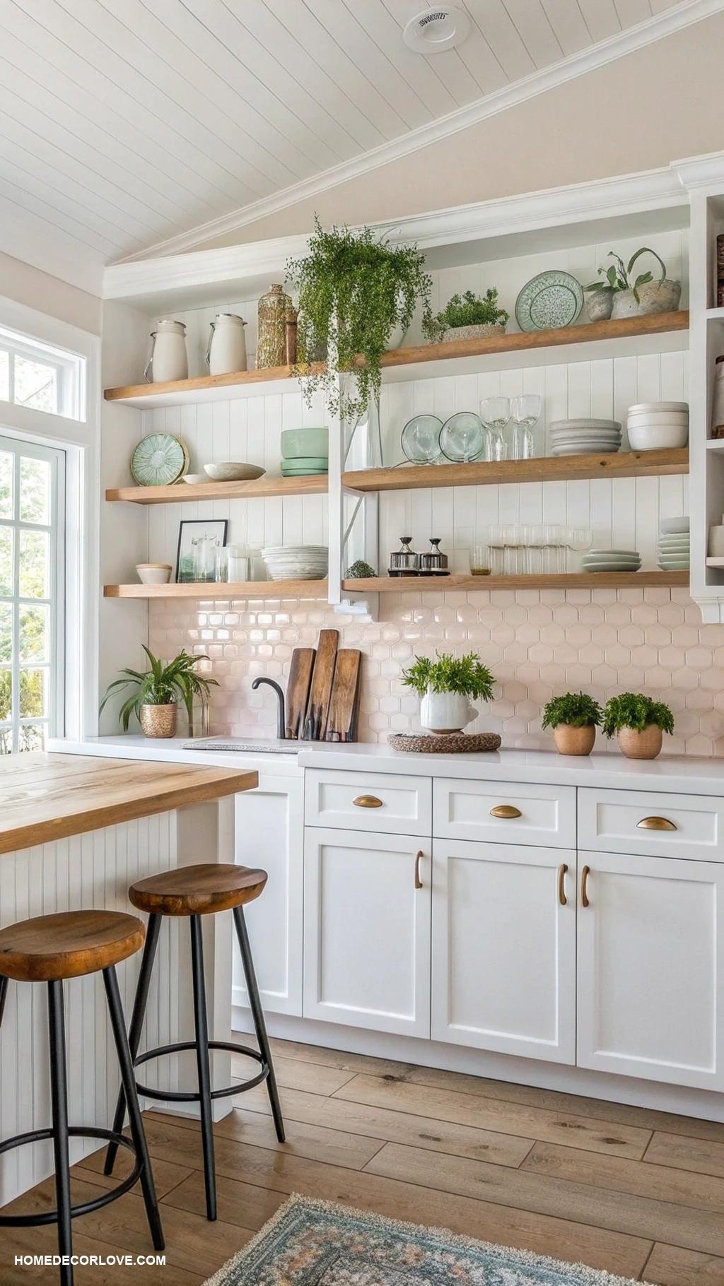 white kitchen cabinets Open shelving with white cabinet bases