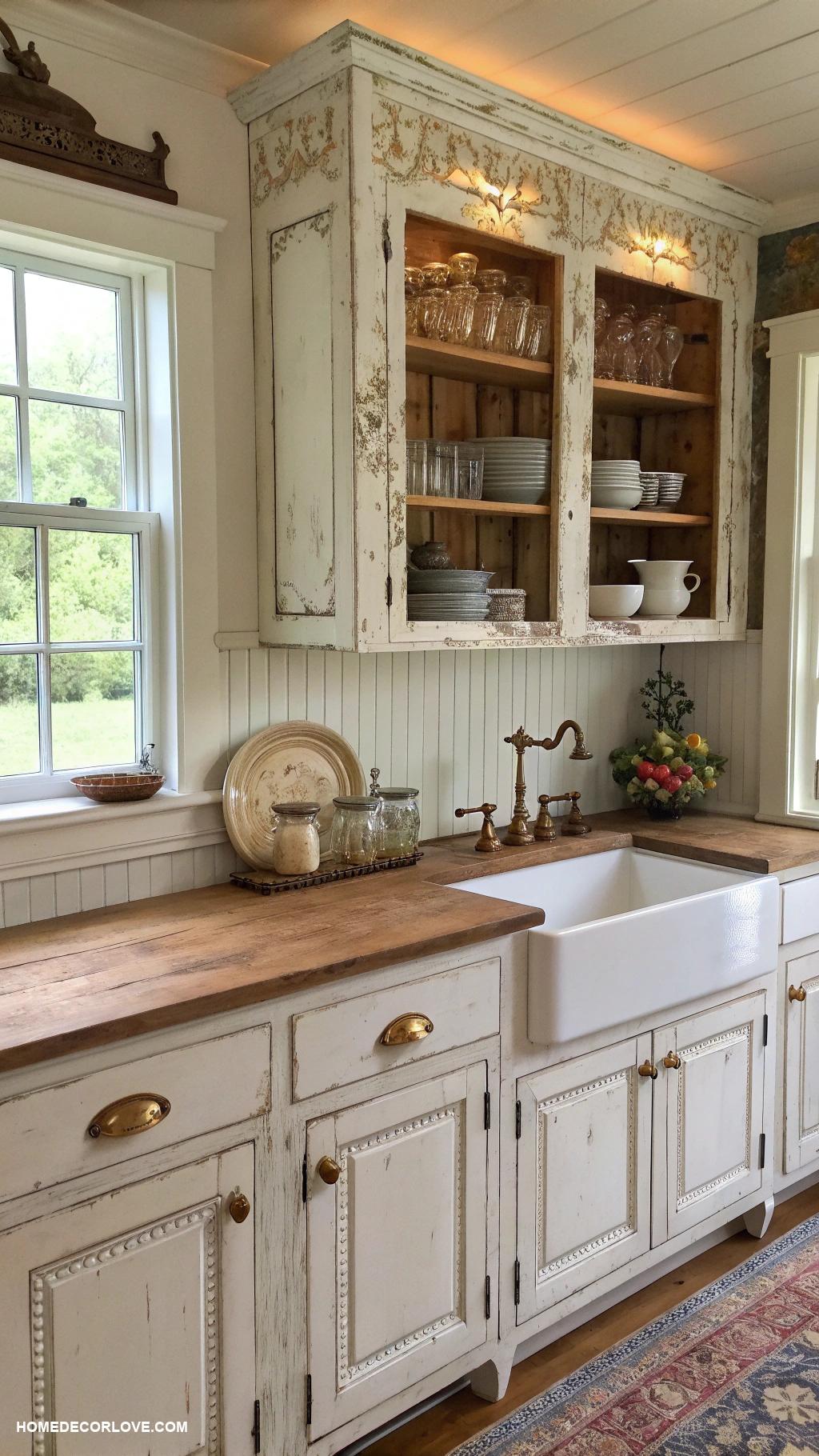 white kitchen cabinets Vintage distressed white kitchen cabinets