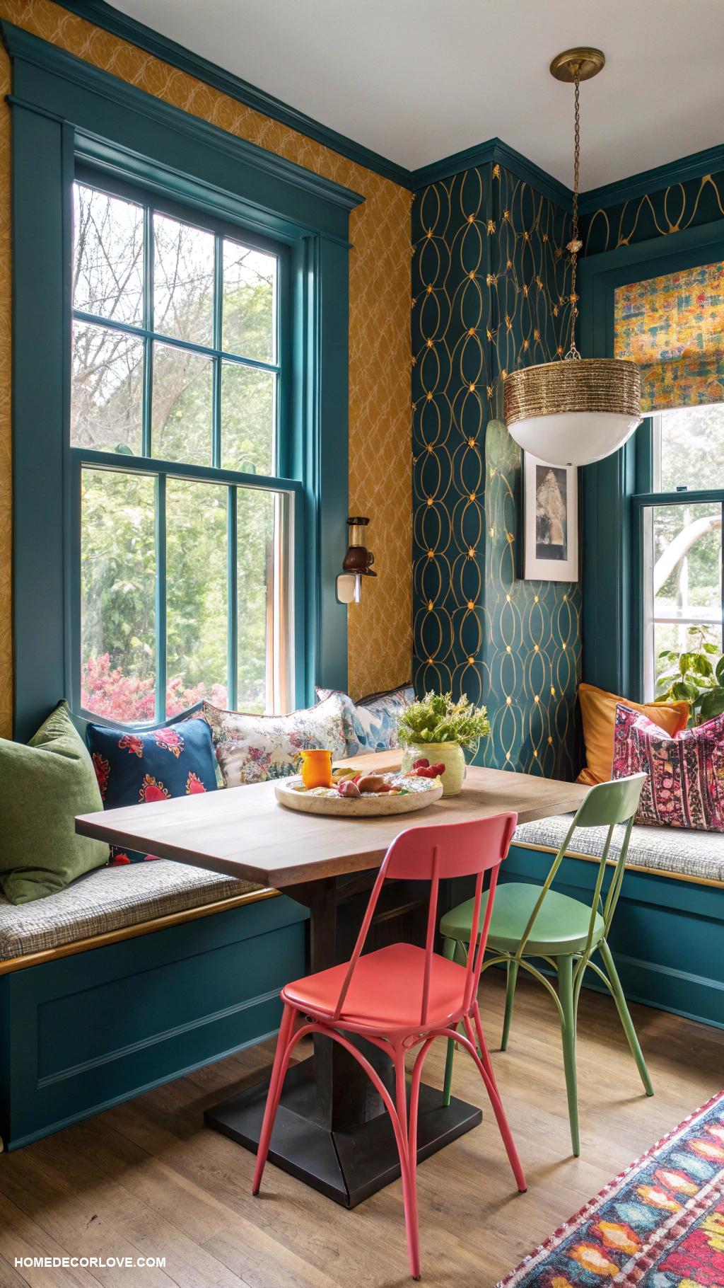 window seat kitchen breakfast nooks Bold colors and eclectic decor elements