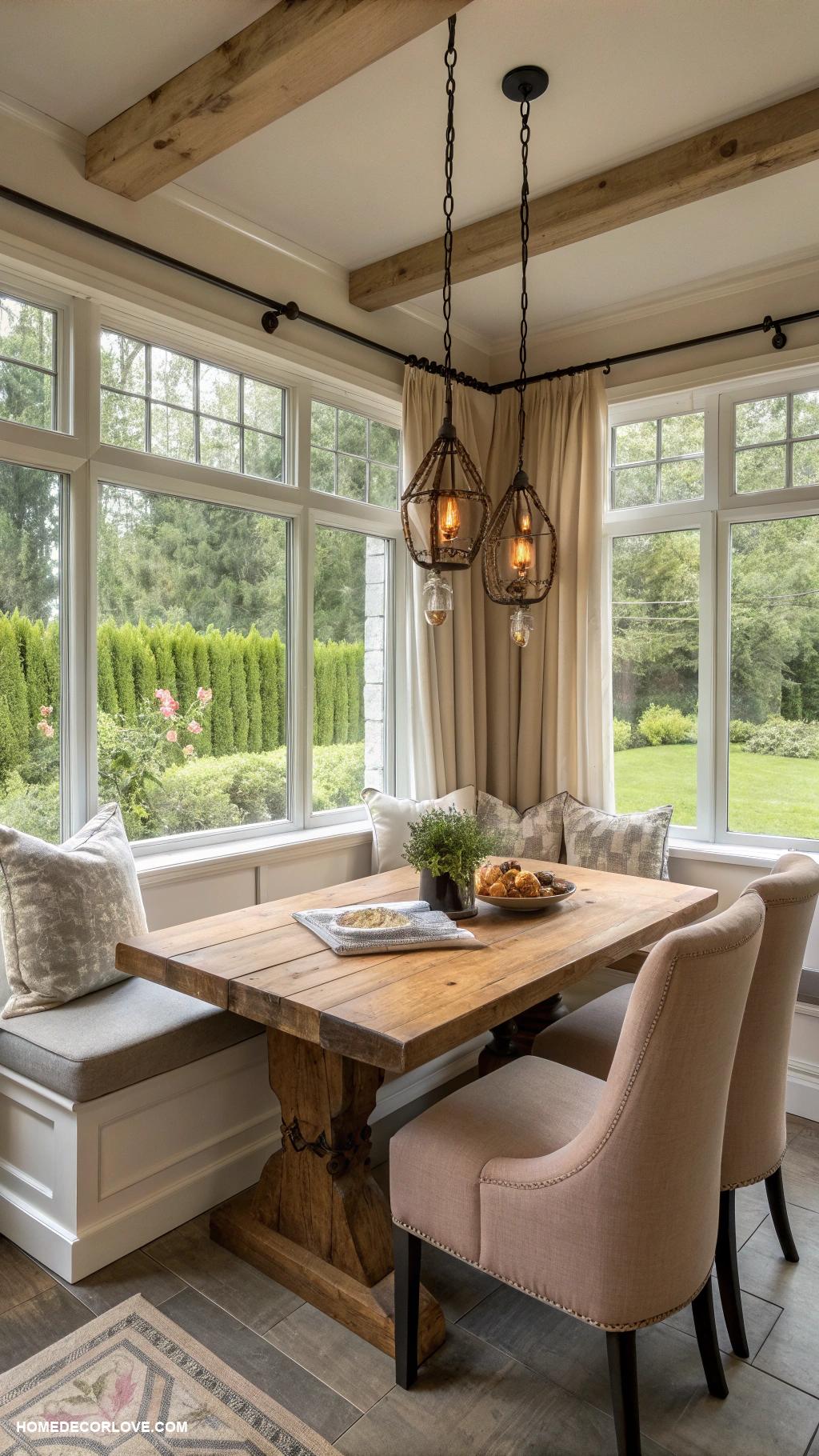 window seat kitchen breakfast nooks Rustic wood table with pendant lighting