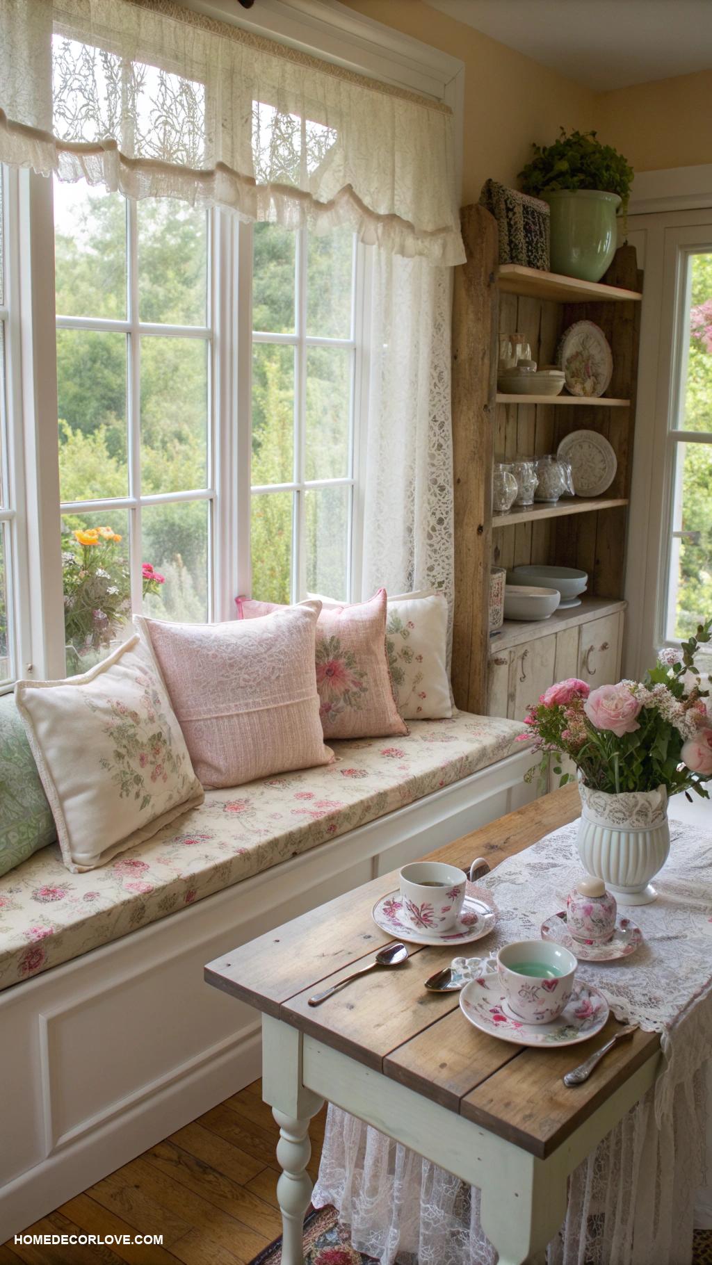 window seat kitchen breakfast nooks Shabby chic setup with lace curtains
