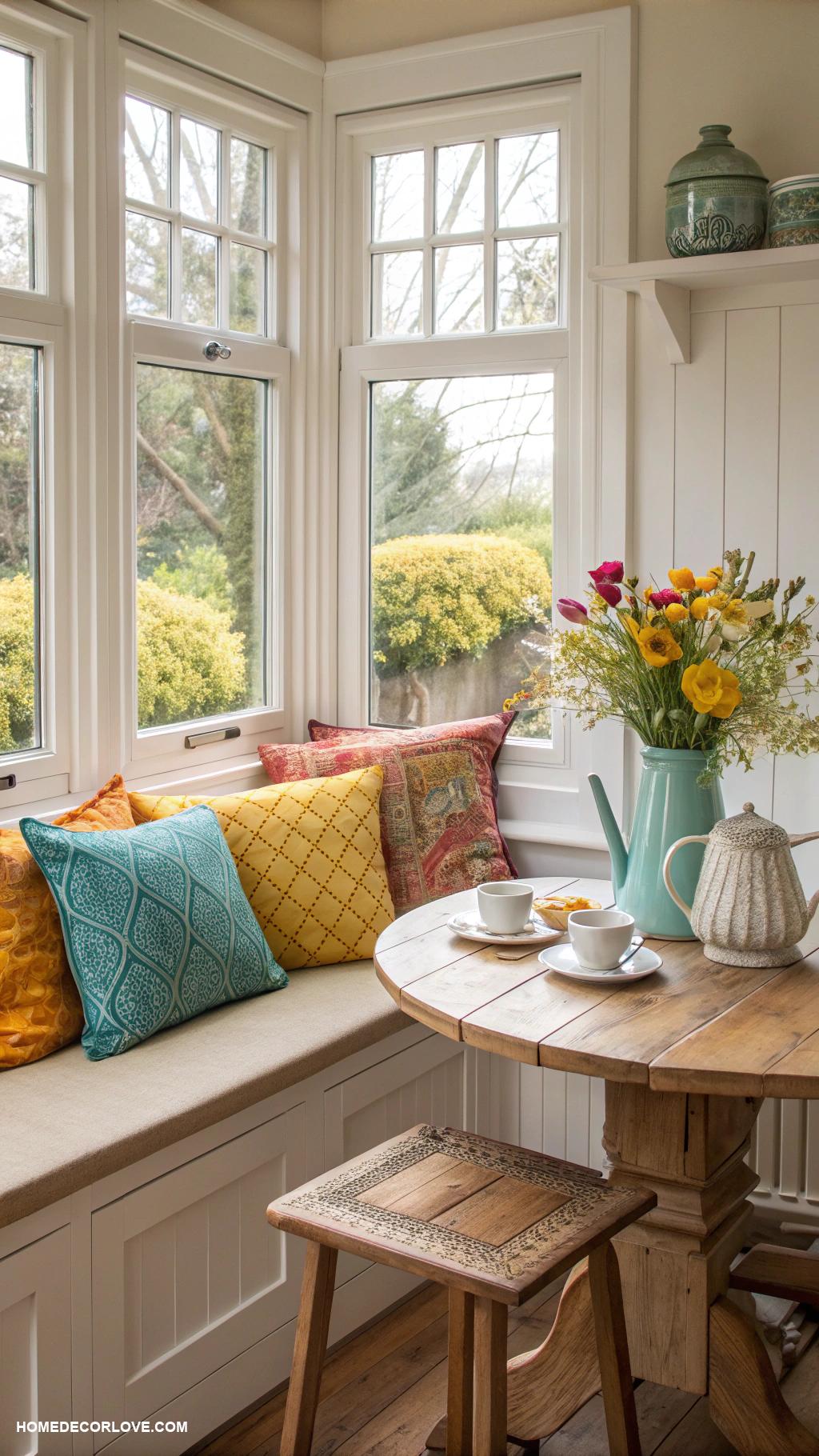 window seat kitchen breakfast nooks Vintage bench with colorful pillows