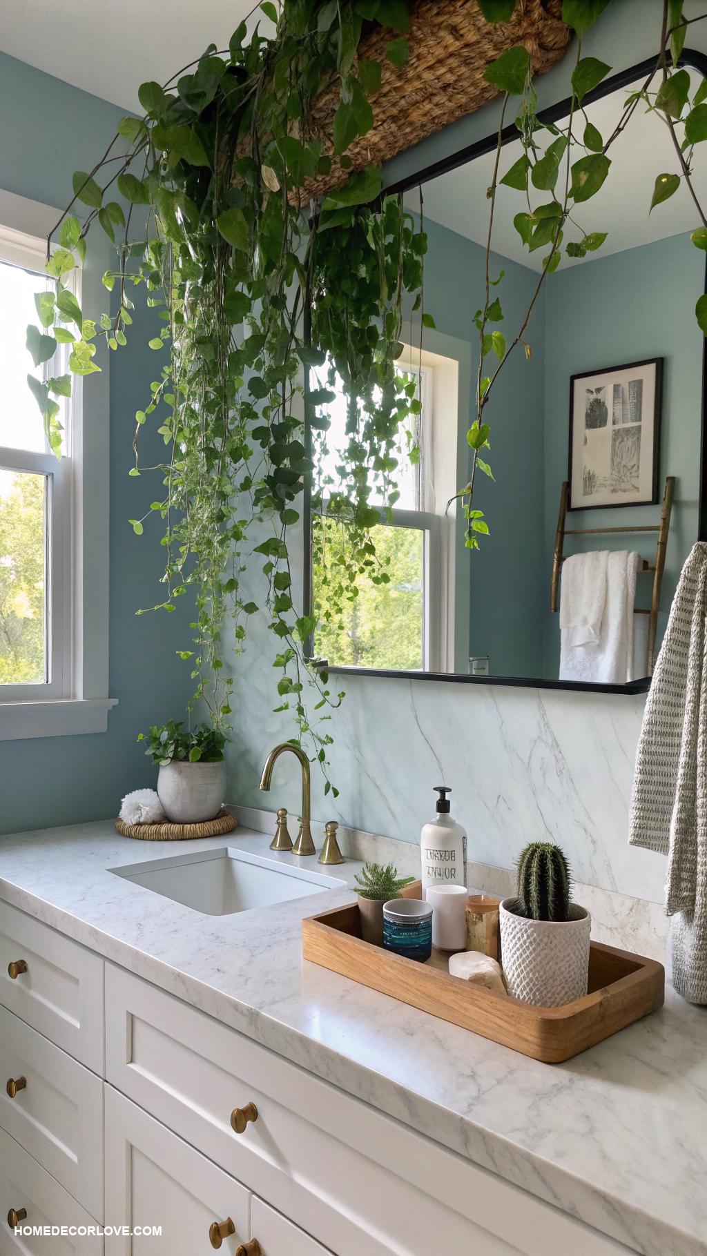 bathroom counter decor ideas Hanging plants for fresh greenery above counter