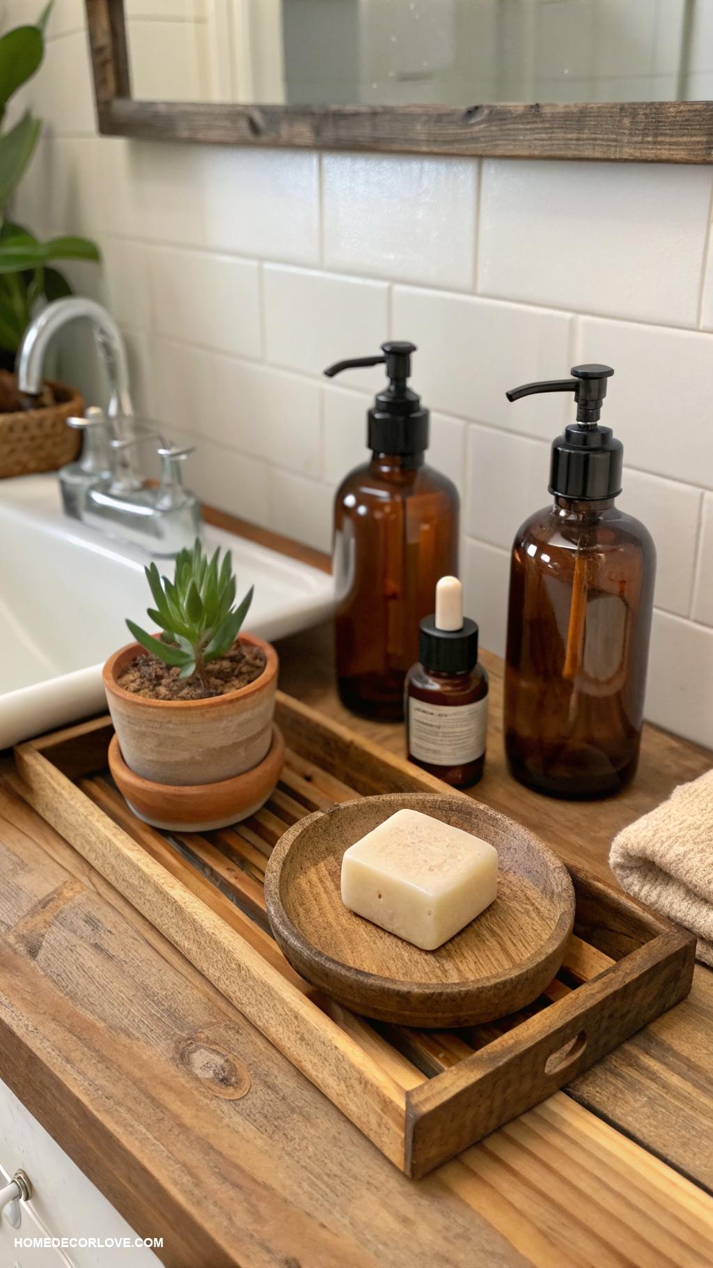 bathroom counter decor ideas Natural wood accents for rustic charm