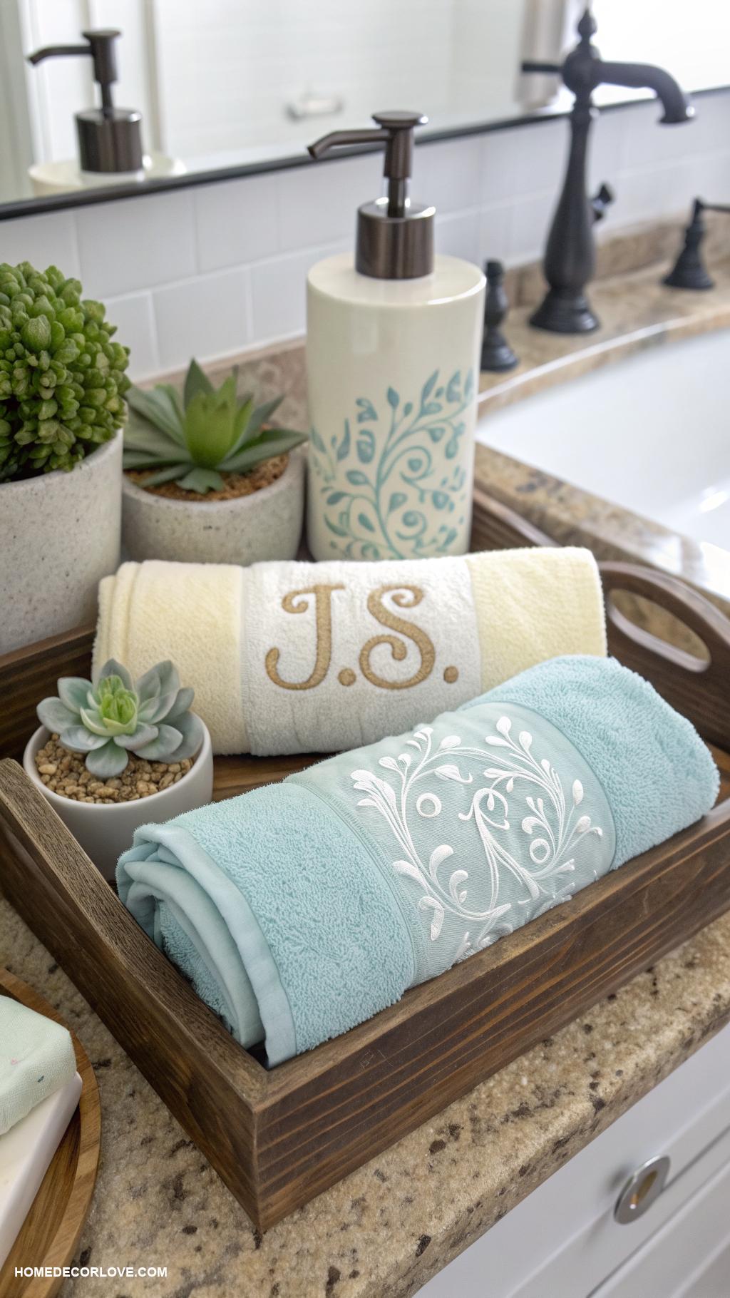 bathroom counter decor ideas Personalized monogrammed towels on display
