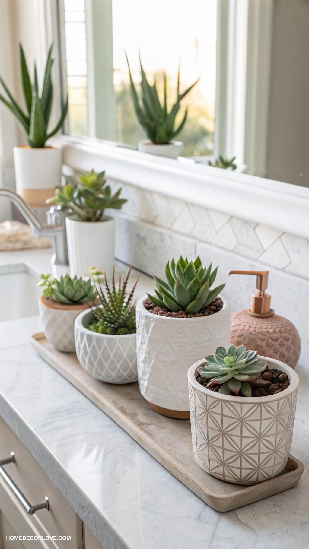 bathroom counter decor ideas Small potted succulents for natural touch