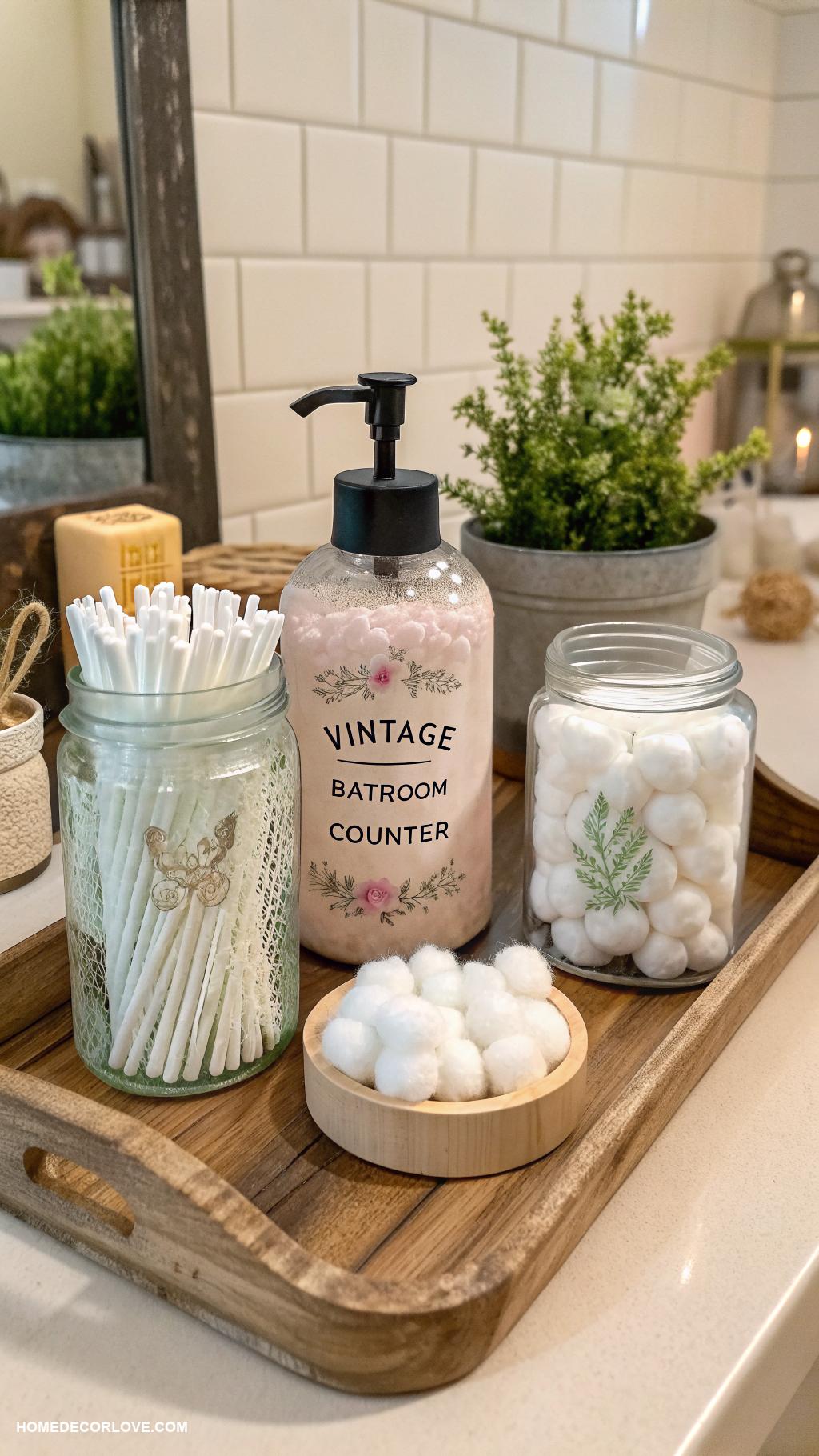 bathroom counter decor ideas Vintage jars for cotton balls and swabs