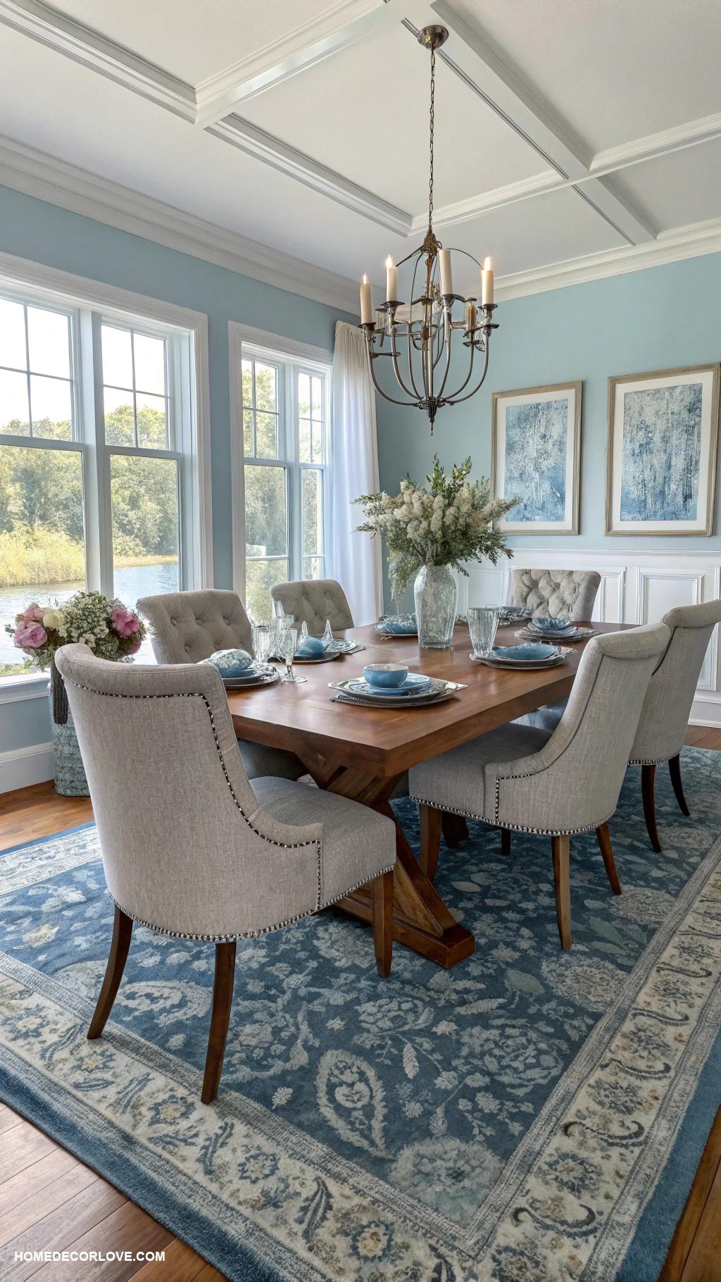 blue dining room ideas Blue and gray patterned rug under table