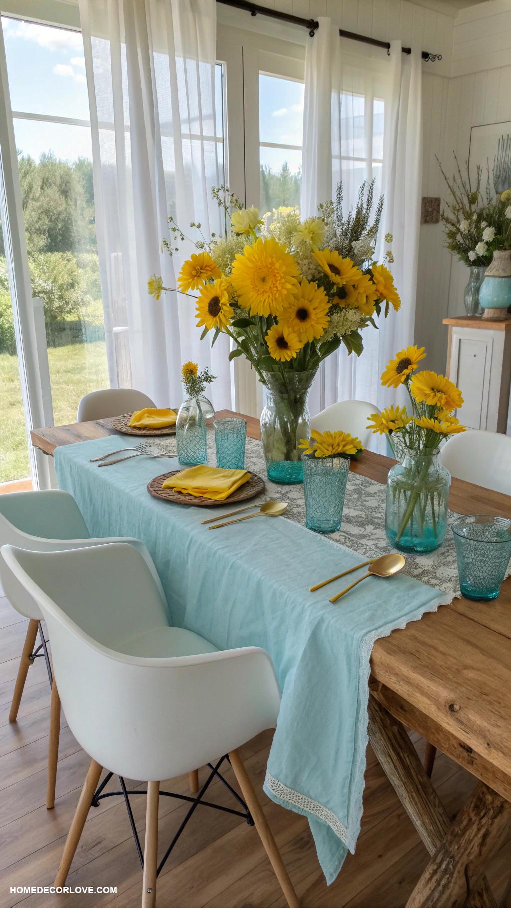 blue dining room ideas Sky blue tablecloth with yellow centerpieces