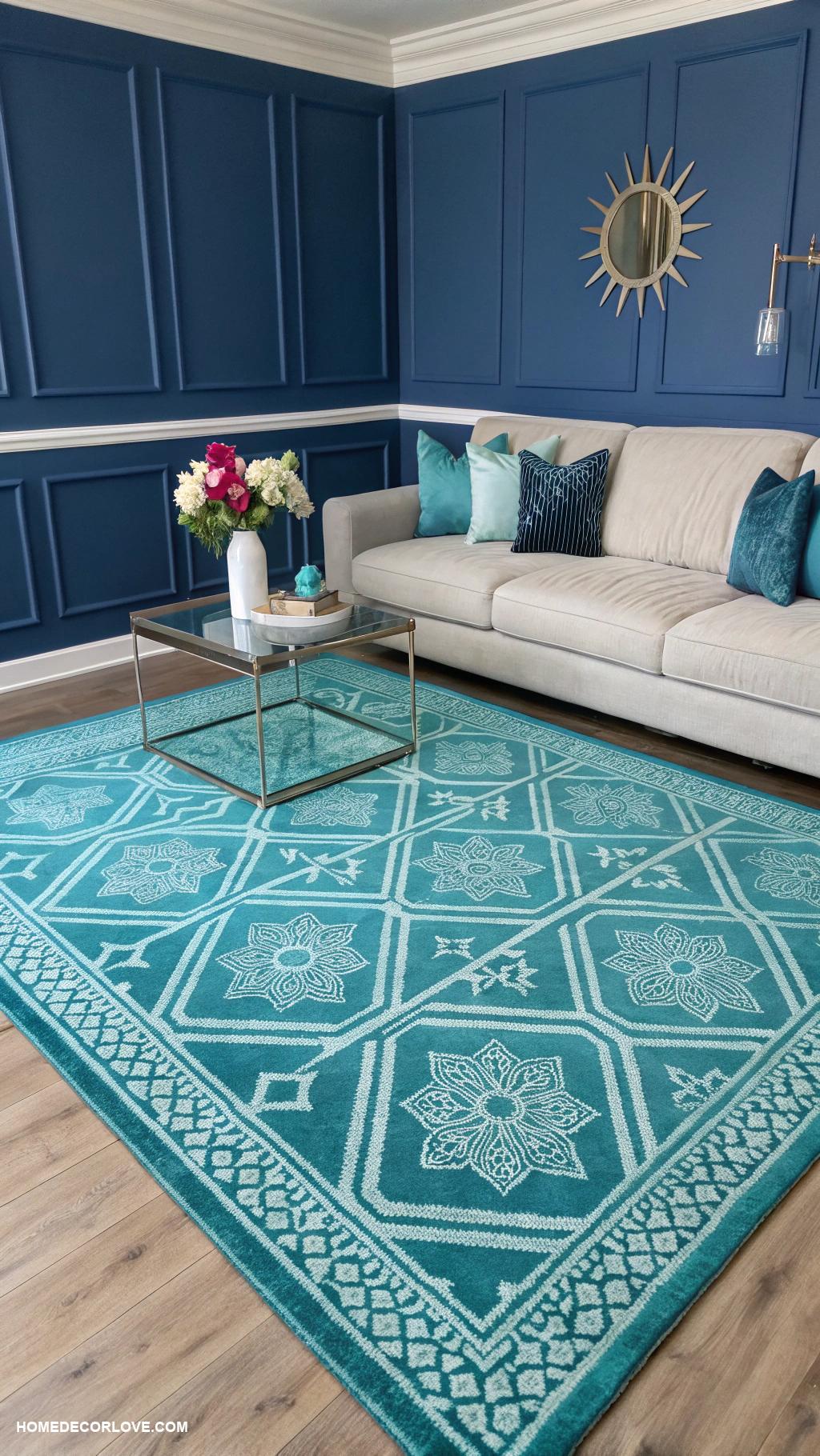 blue living room ideas Turquoise rug for vibrant floor decor