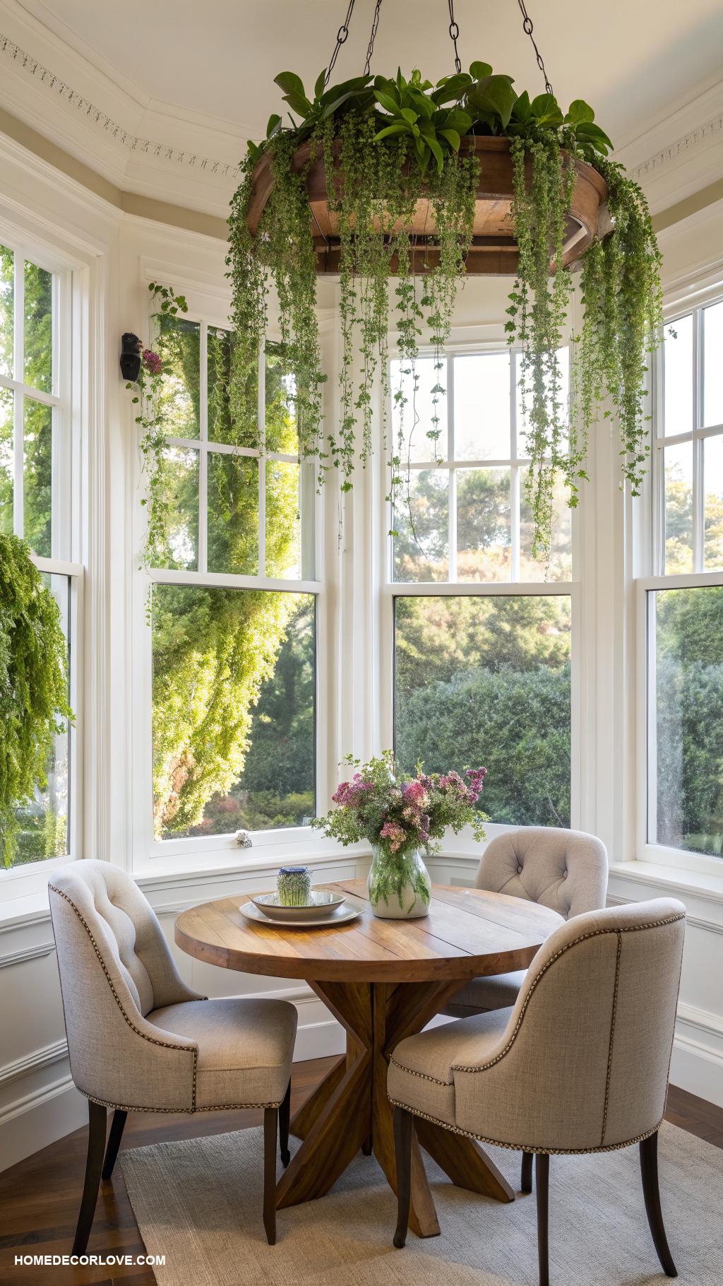 breakfast nook bay window Hanging plants for greenery