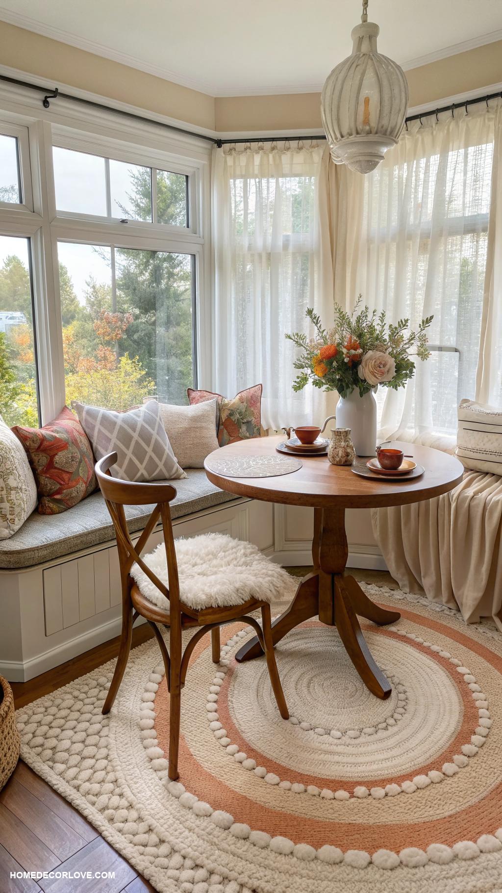 breakfast nook bay window Layered rugs for warmth