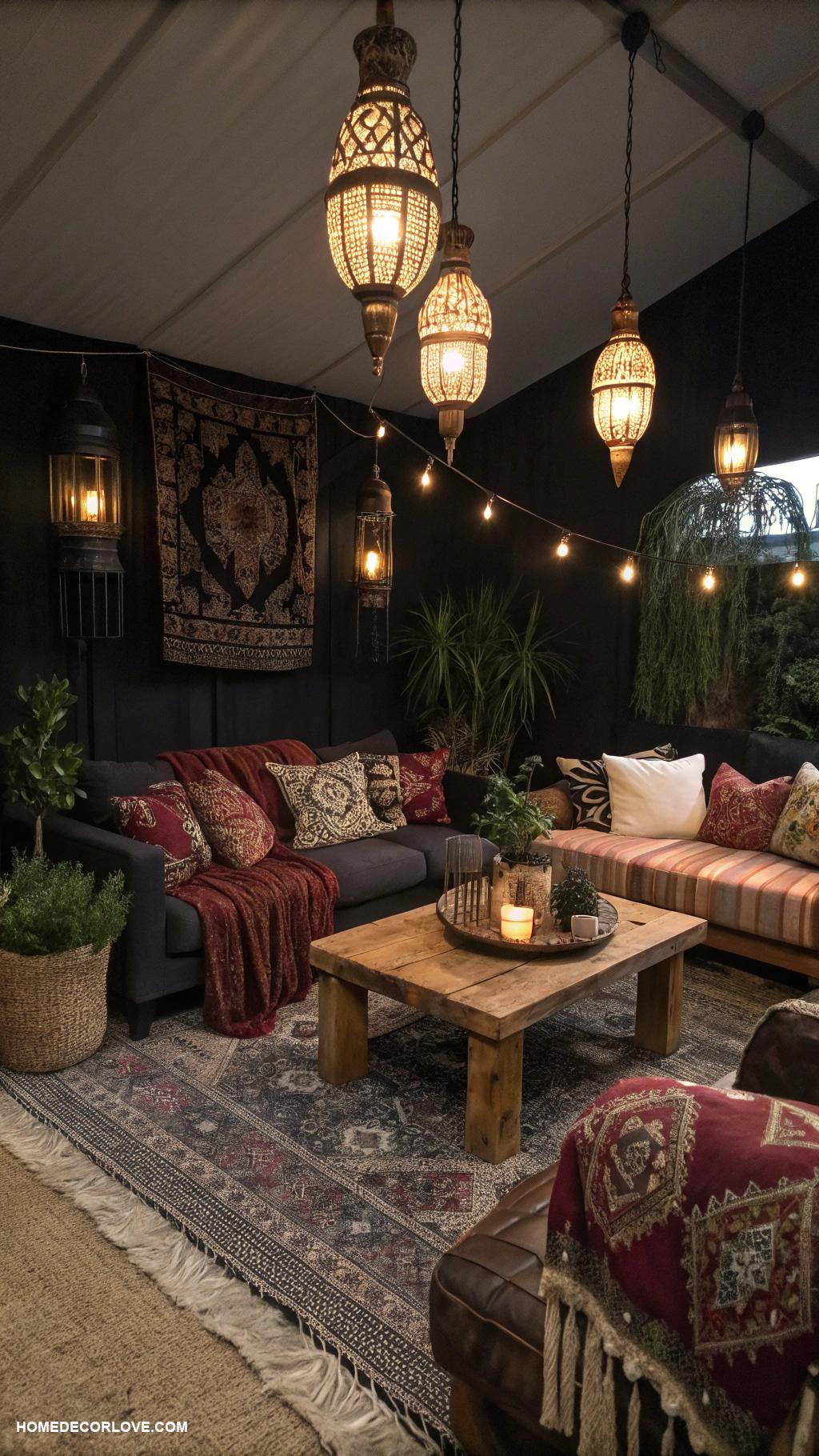 dark boho living room ideas Antique lanterns for soft warm lighting