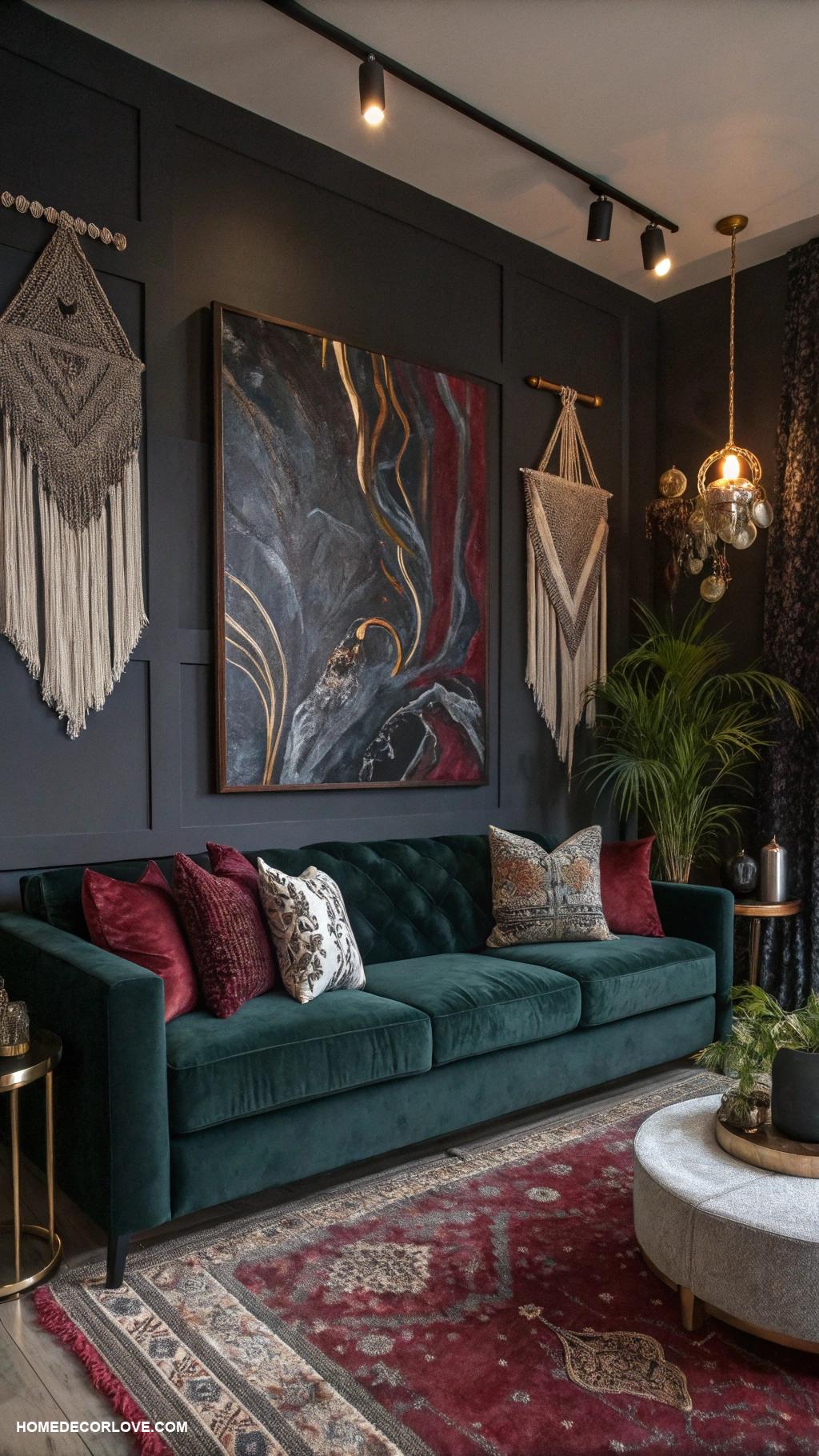 dark boho living room ideas Bold abstract art with moody undertones