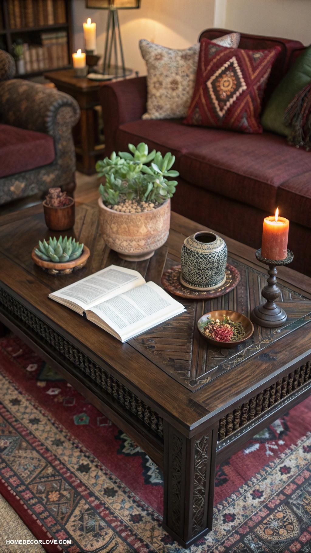 dark boho living room ideas Dark stained wood coffee table centerpiece