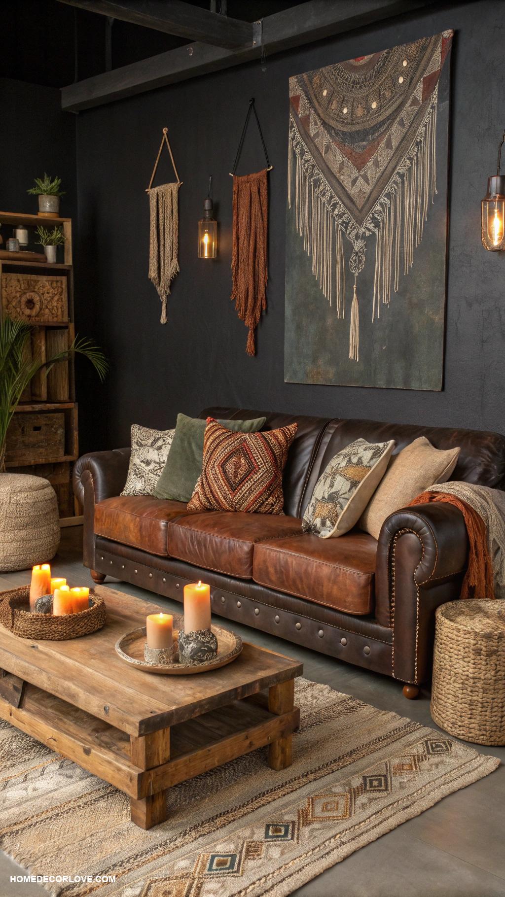 dark boho living room ideas Distressed leather furniture with earthy accents