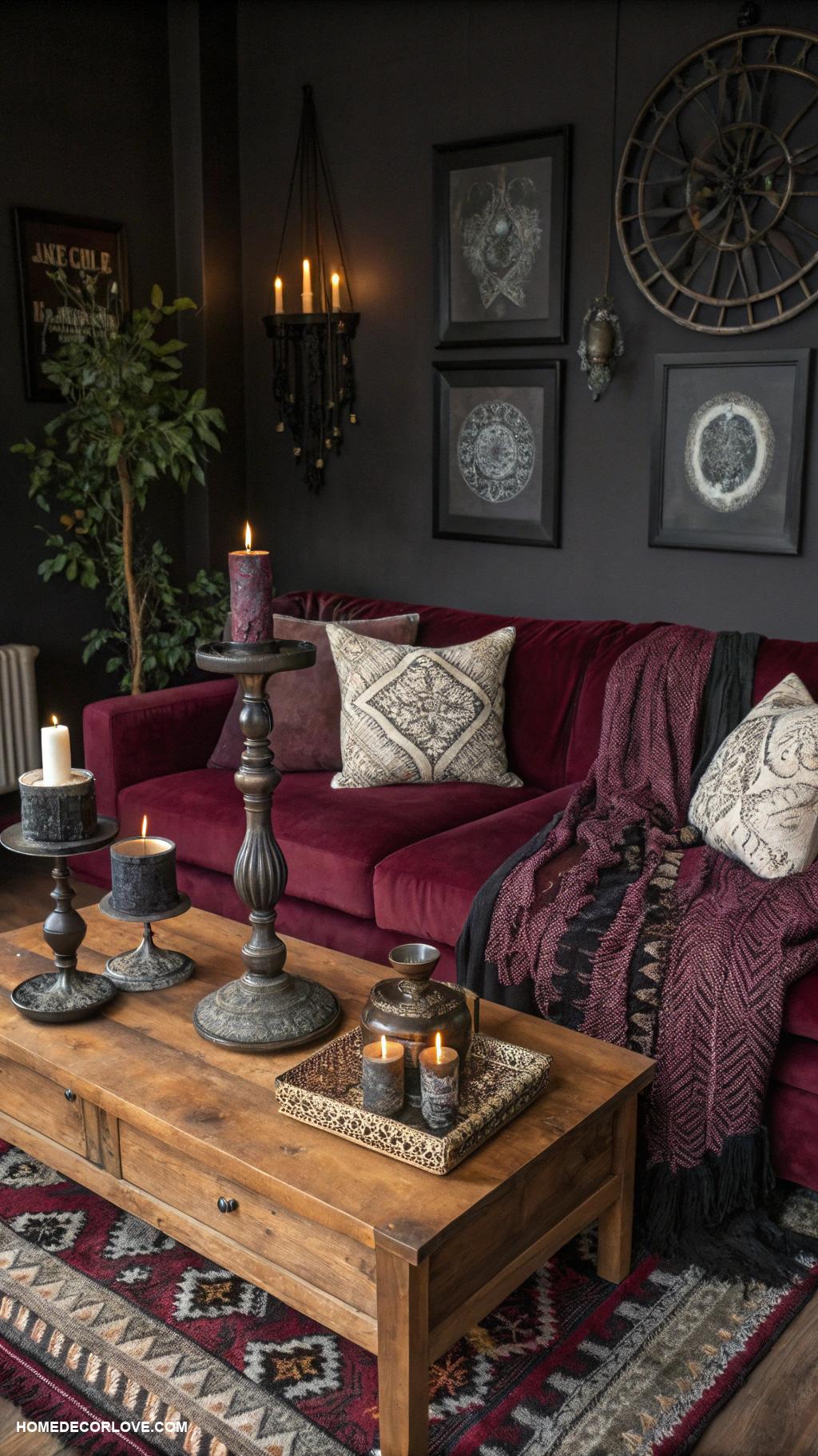 dark boho living room ideas Gothic inspired candle holders for ambiance