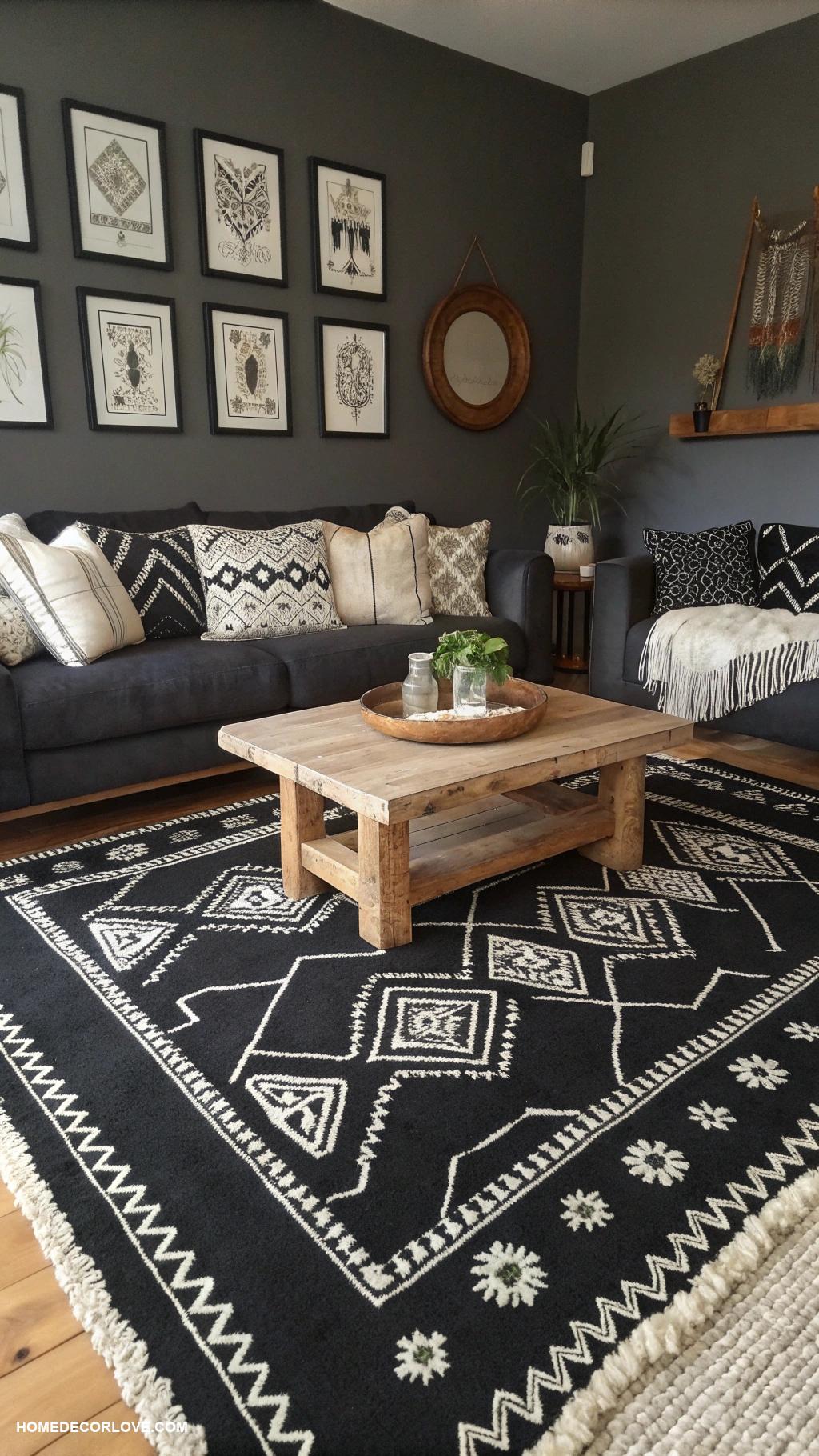 dark boho living room ideas Layered black and white patterns in textiles