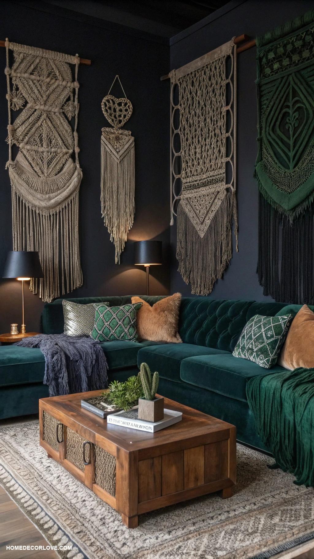 dark boho living room ideas Macrame wall hangings with dark color schemes