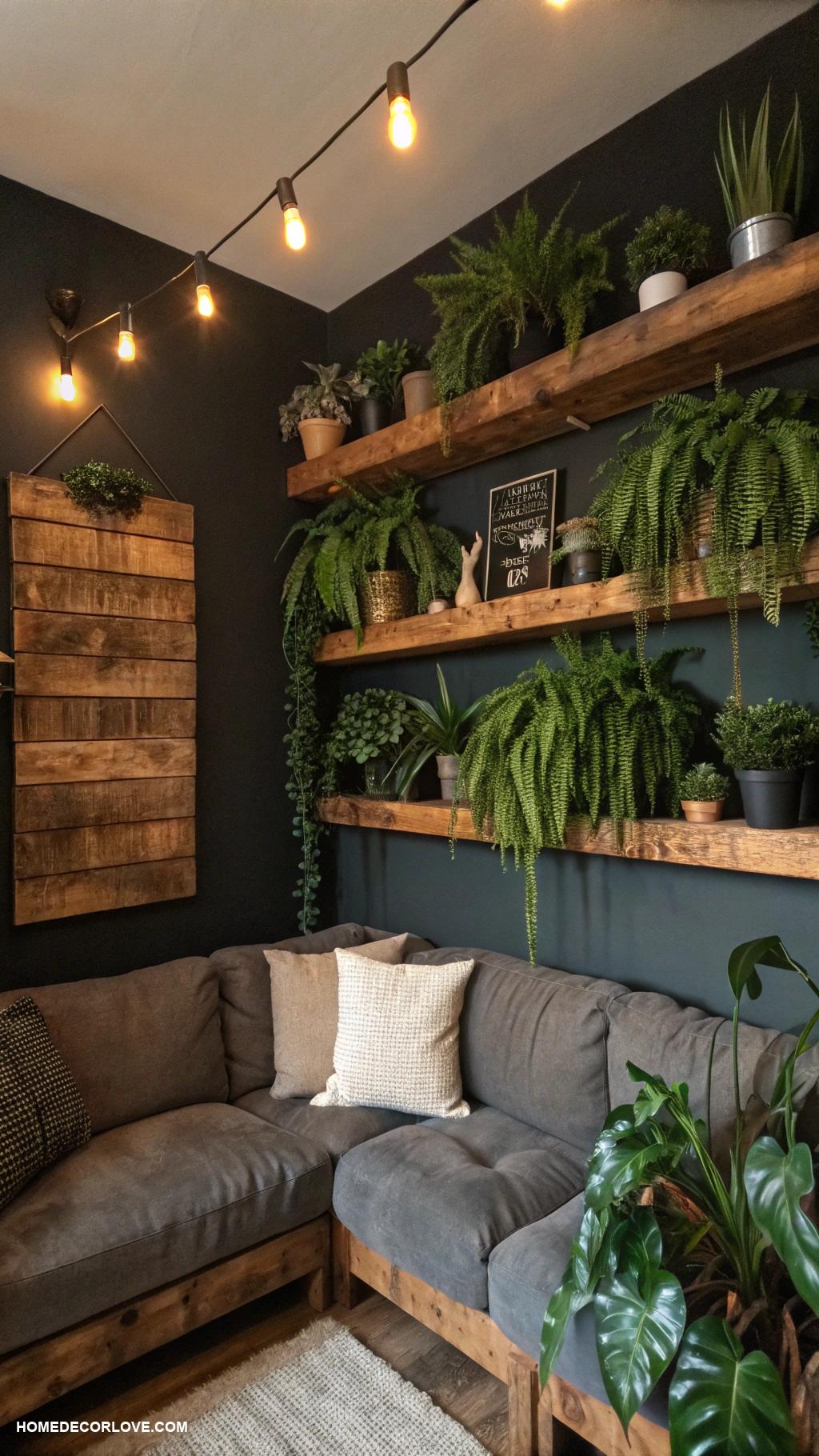 dark boho living room ideas Rustic wooden shelves filled with dark plants