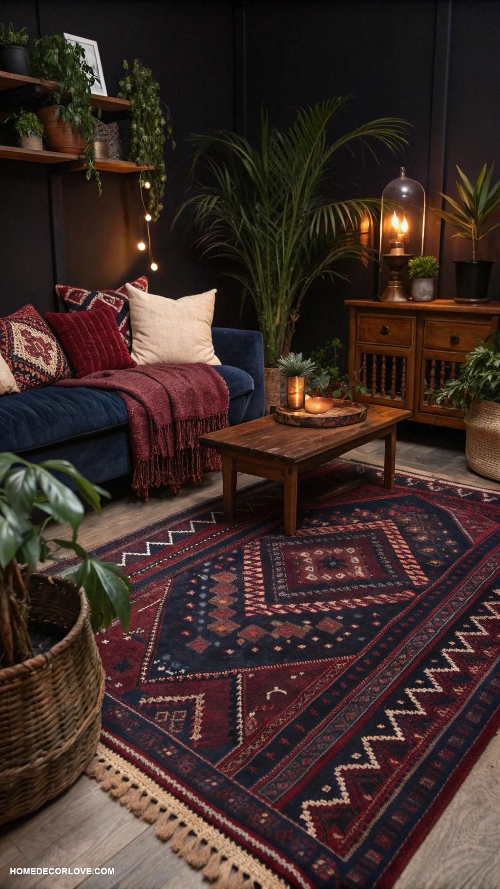 dark boho living room ideas Woven rugs with deep burgundy and navy