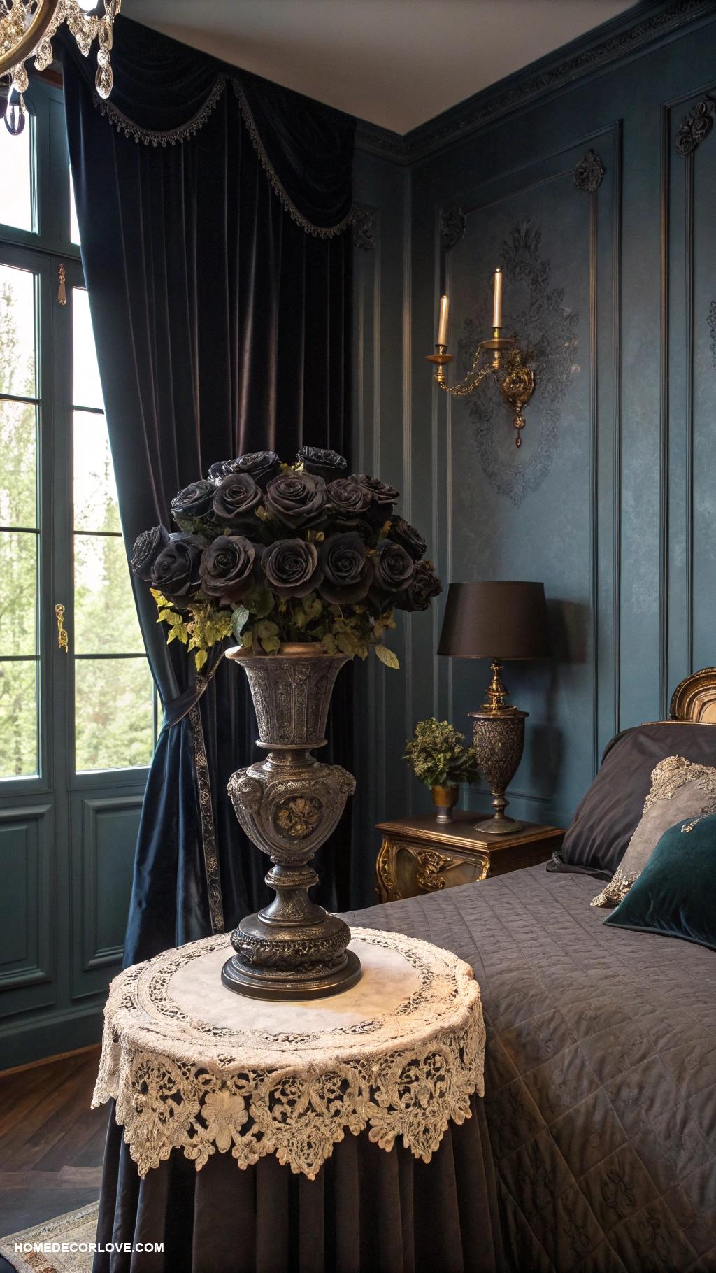 dark romantic bedroom Black roses in elegant vase arrangements