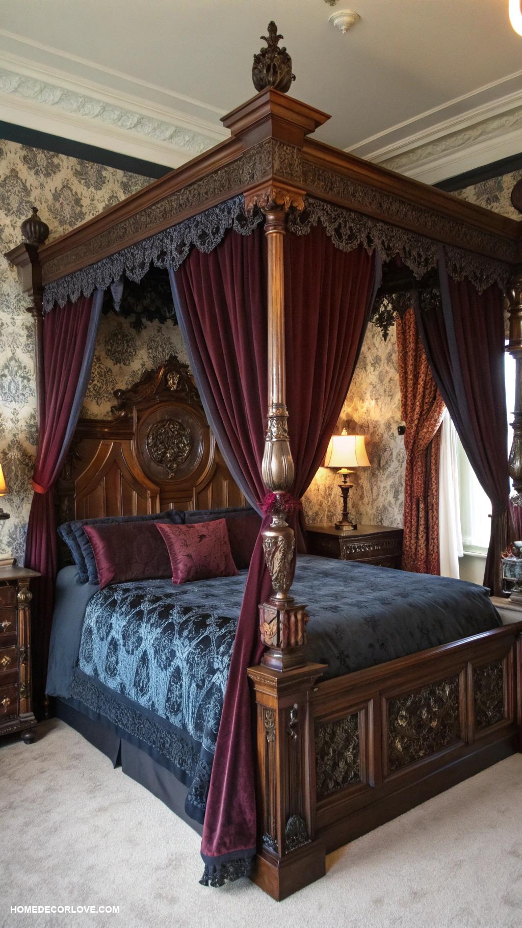 dark romantic bedroom Dark wood furniture with ornate designs