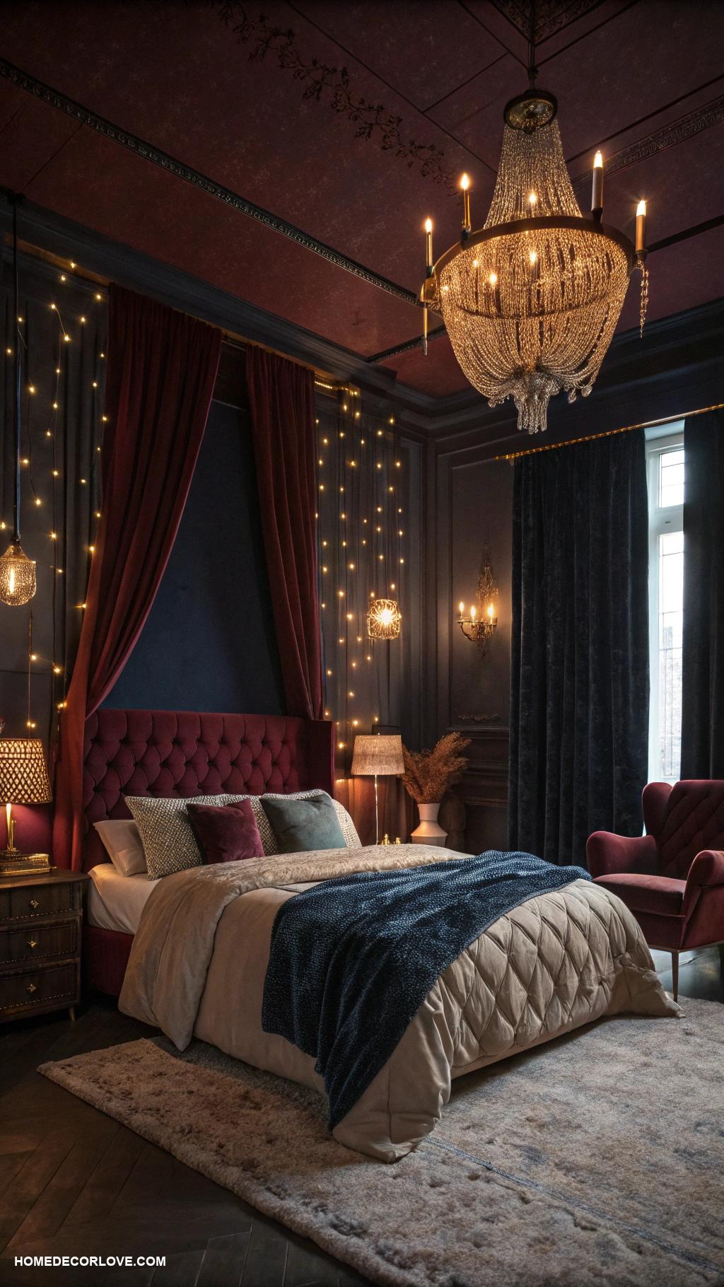 dark romantic bedroom Dimmed lighting for an intimate atmosphere
