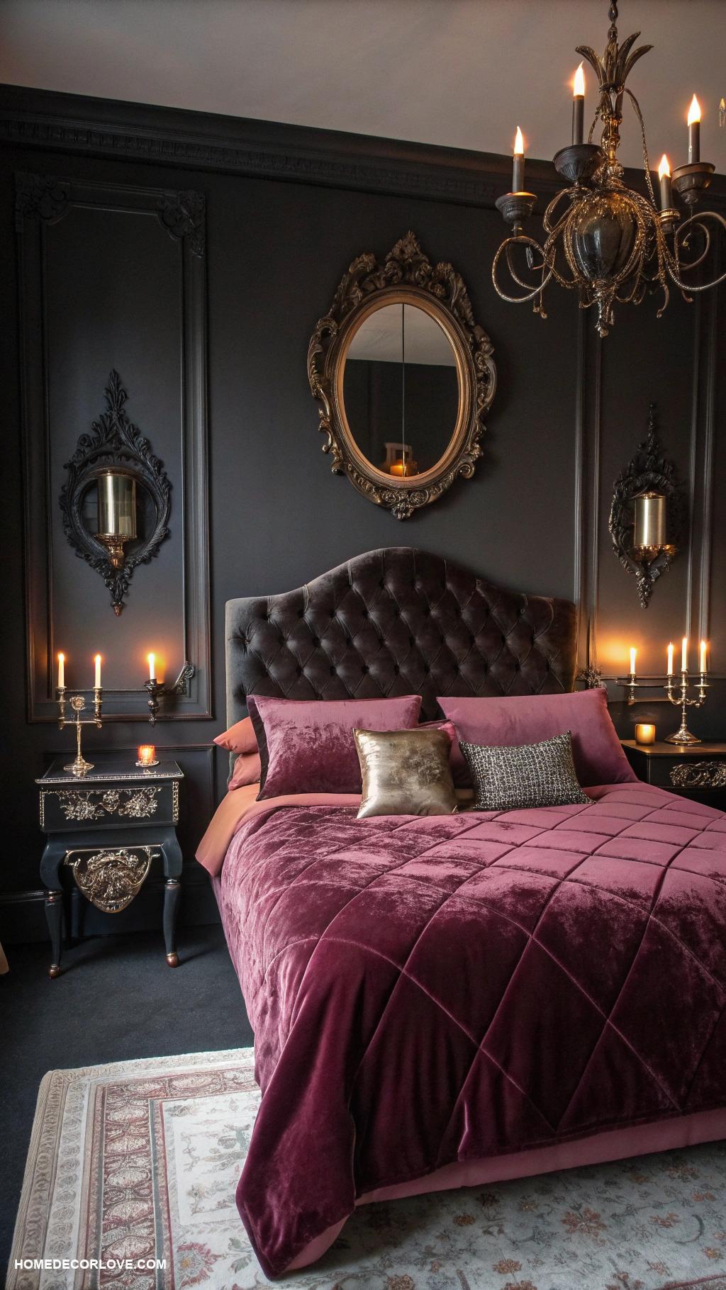 dark romantic bedroom Moody mirrors reflecting soft candlelight