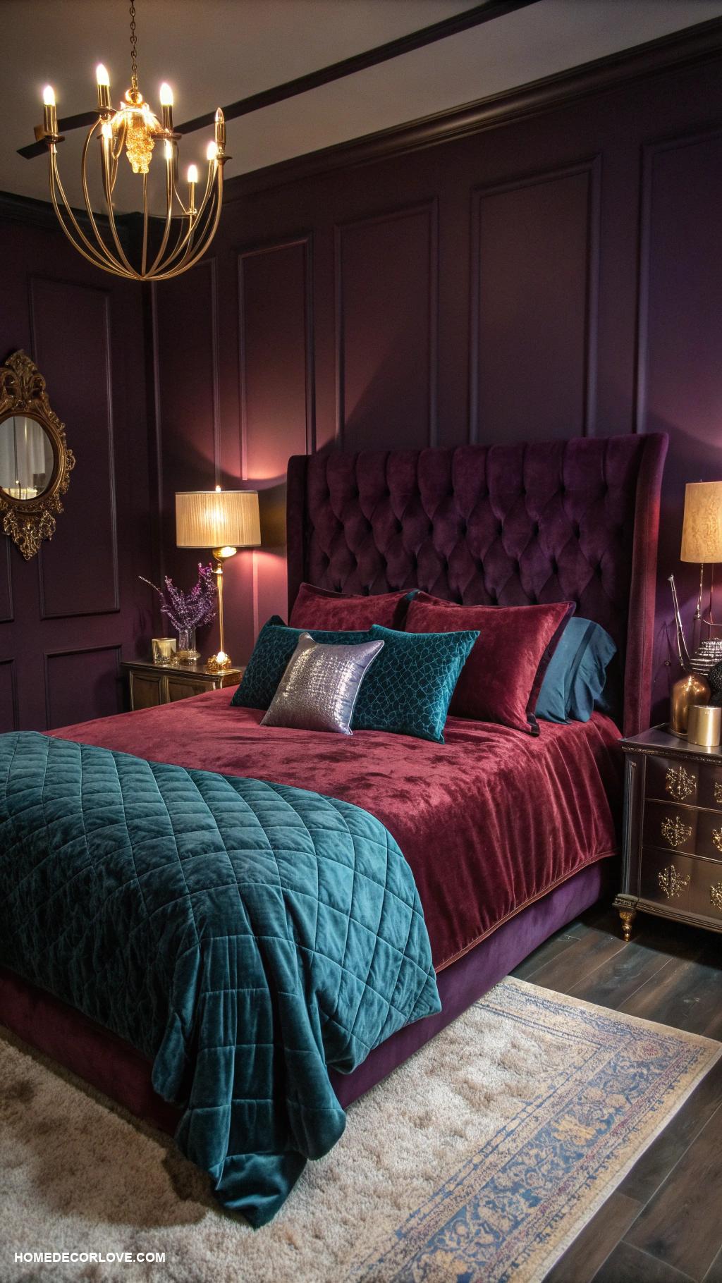 dark romantic bedroom Plush throw pillows in jewel tones