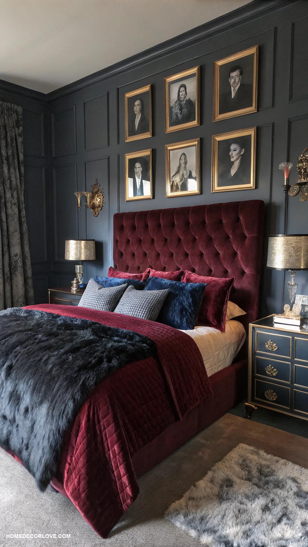 dark romantic bedroom Rich velvet bedding in deep shades