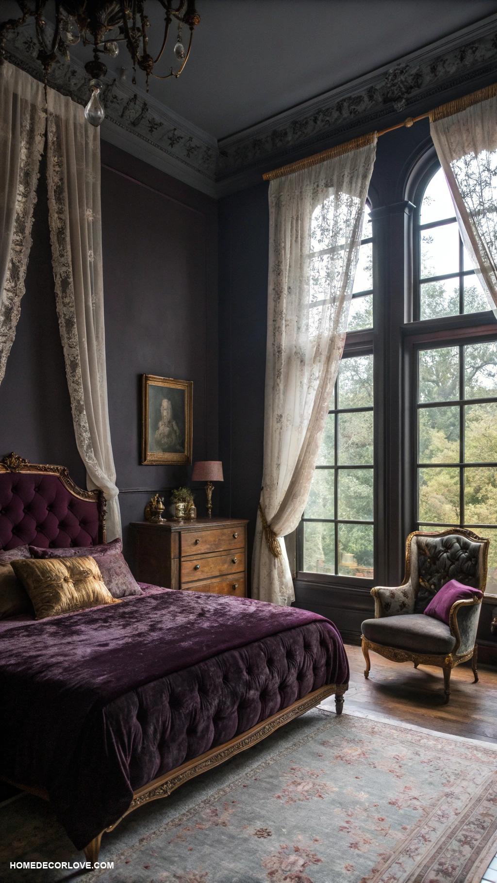 dark romantic bedroom Vintage lace curtains for a mysterious vibe