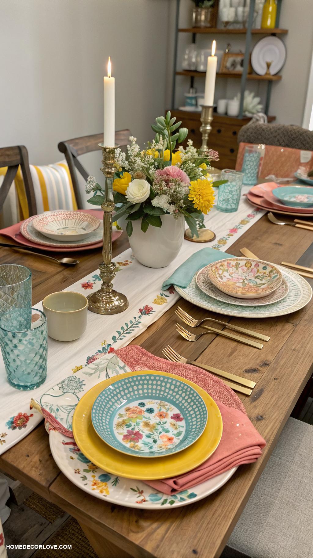 dining room table decor ideas Mix and match dinnerware for uniqueness