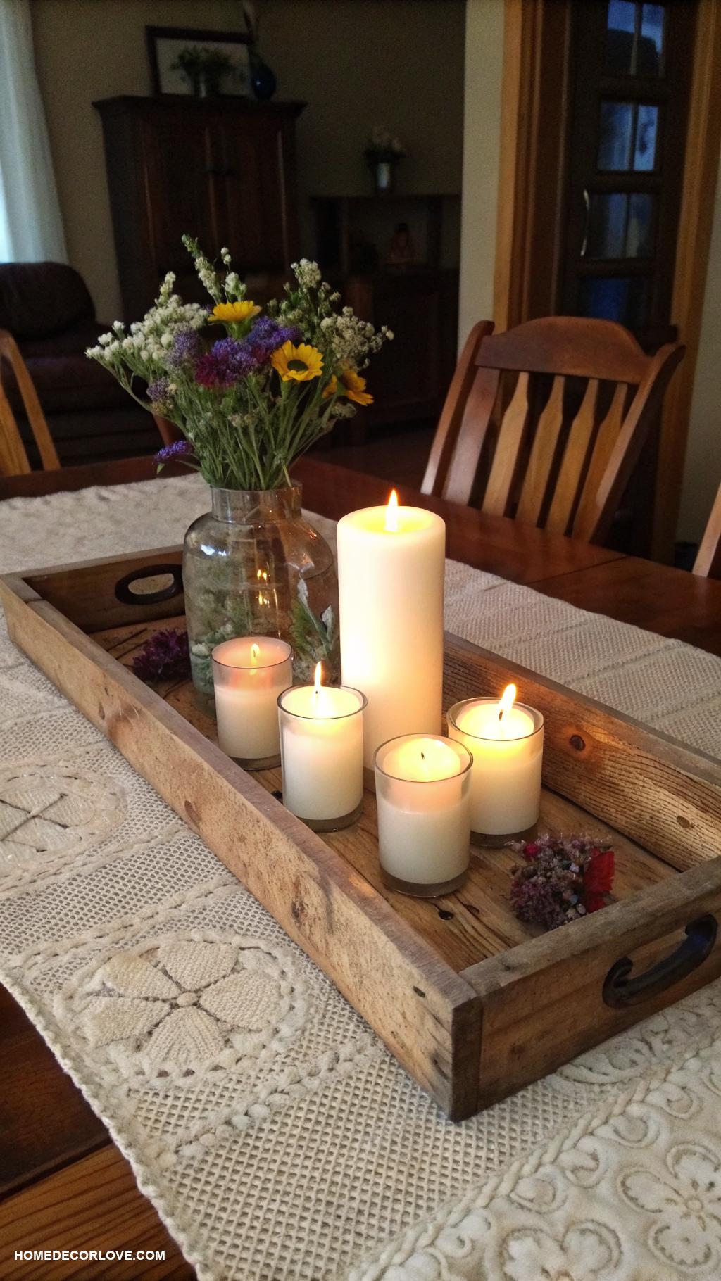 dining room table decor ideas Rustic wooden tray to hold essentials