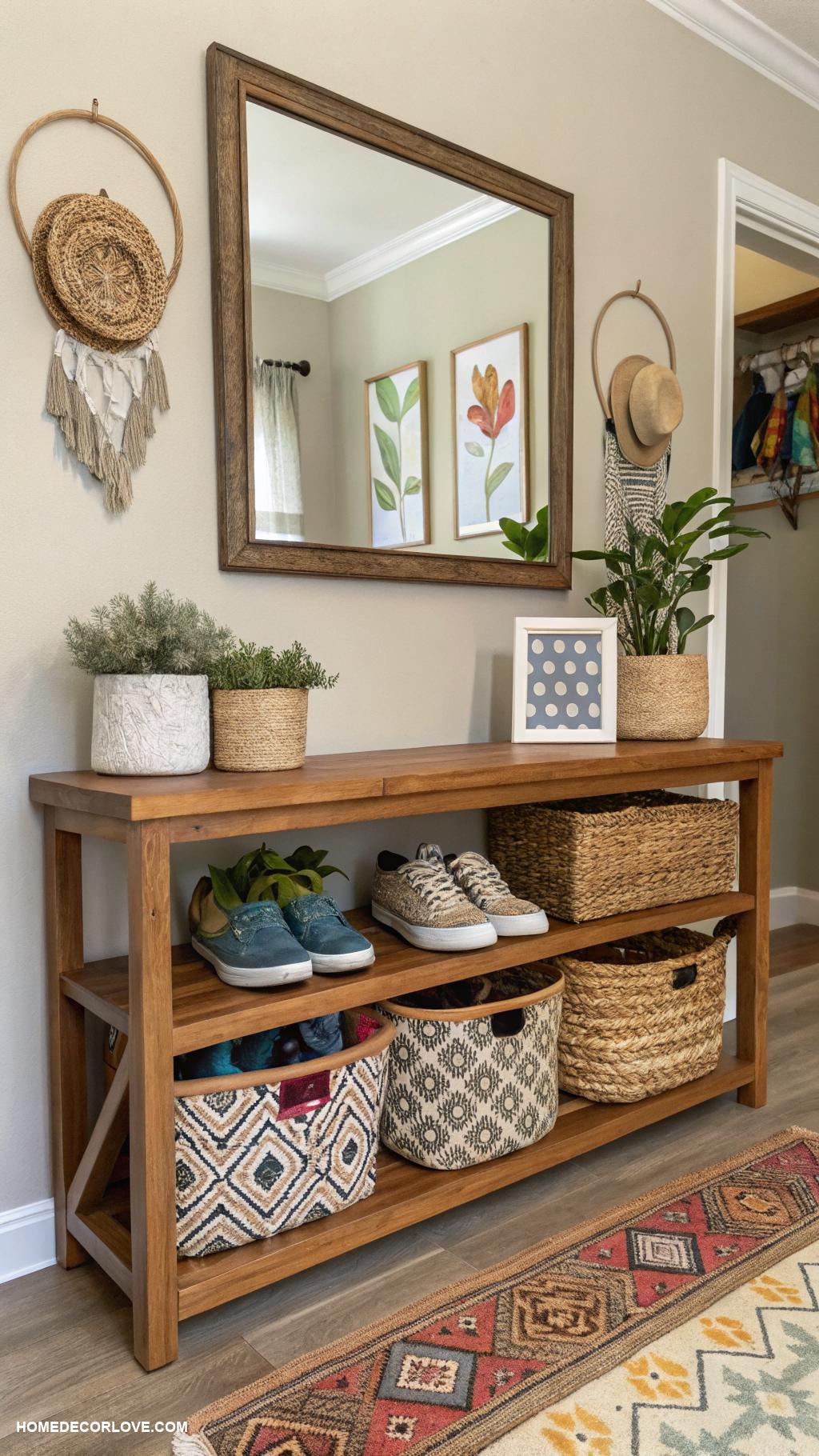 entryway shoe storage ideas Baskets in a decorative shelf