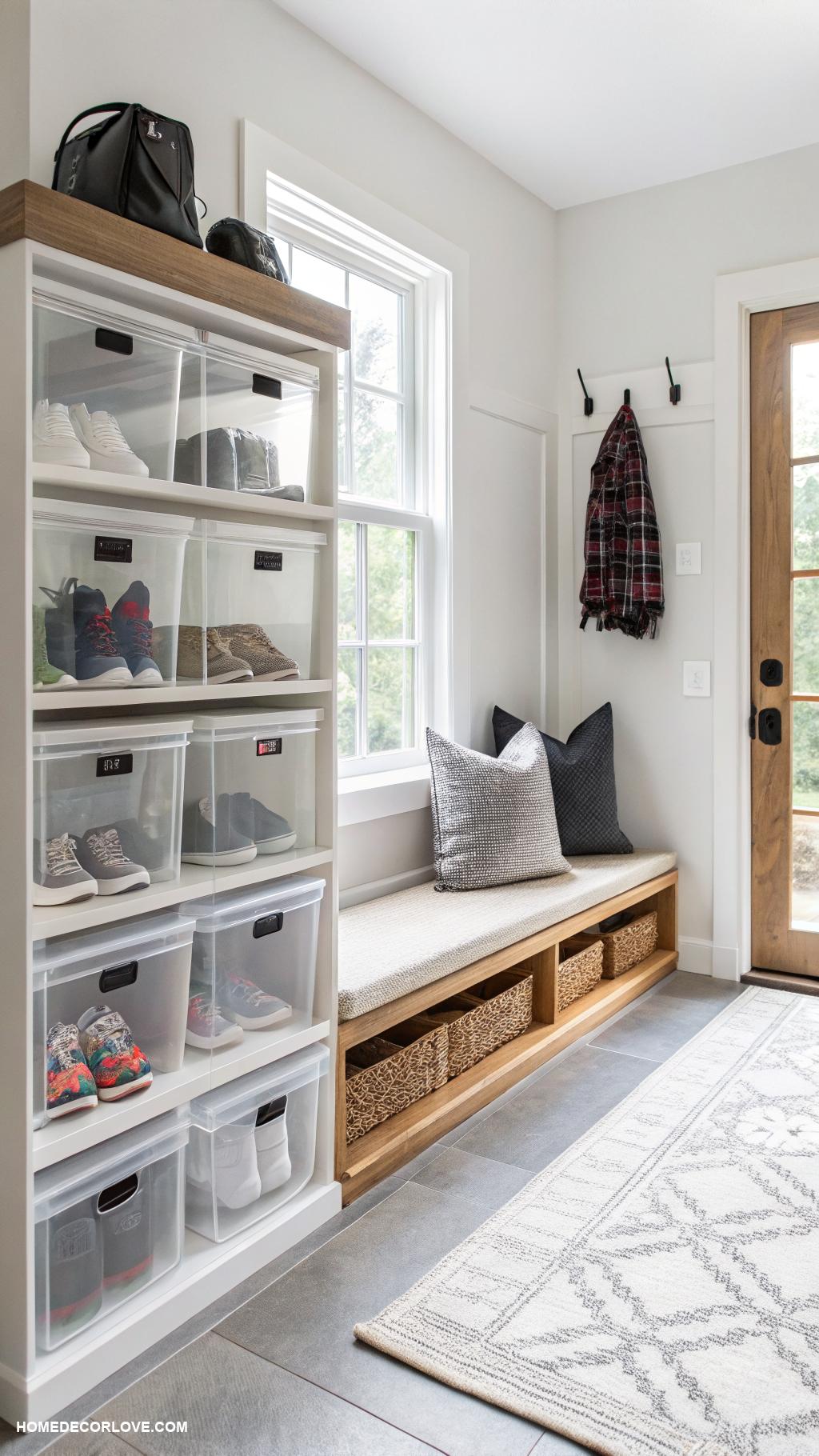 entryway shoe storage ideas Clear bins for easy visibility