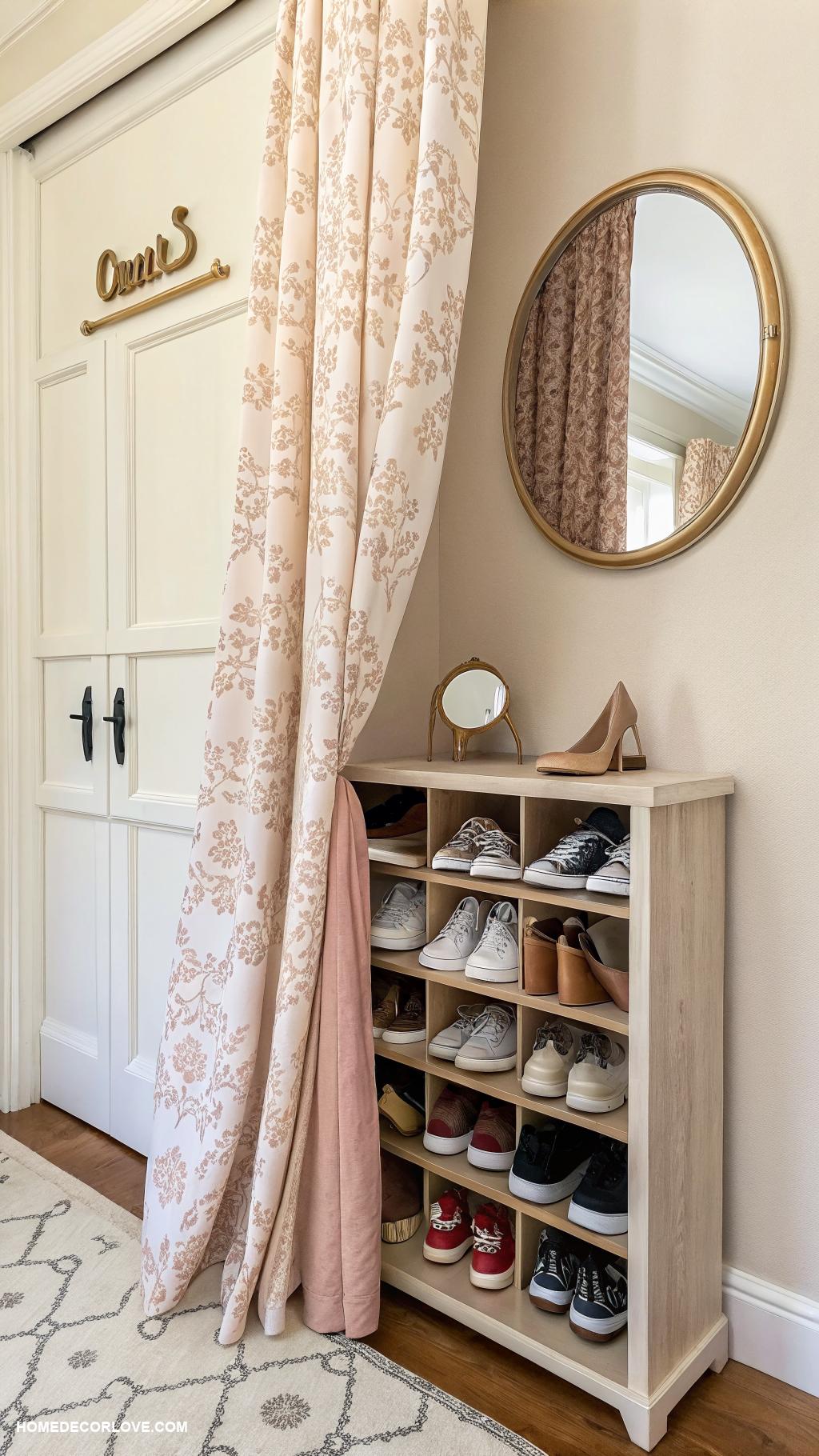 entryway shoe storage ideas Shoe rack hidden behind a curtain