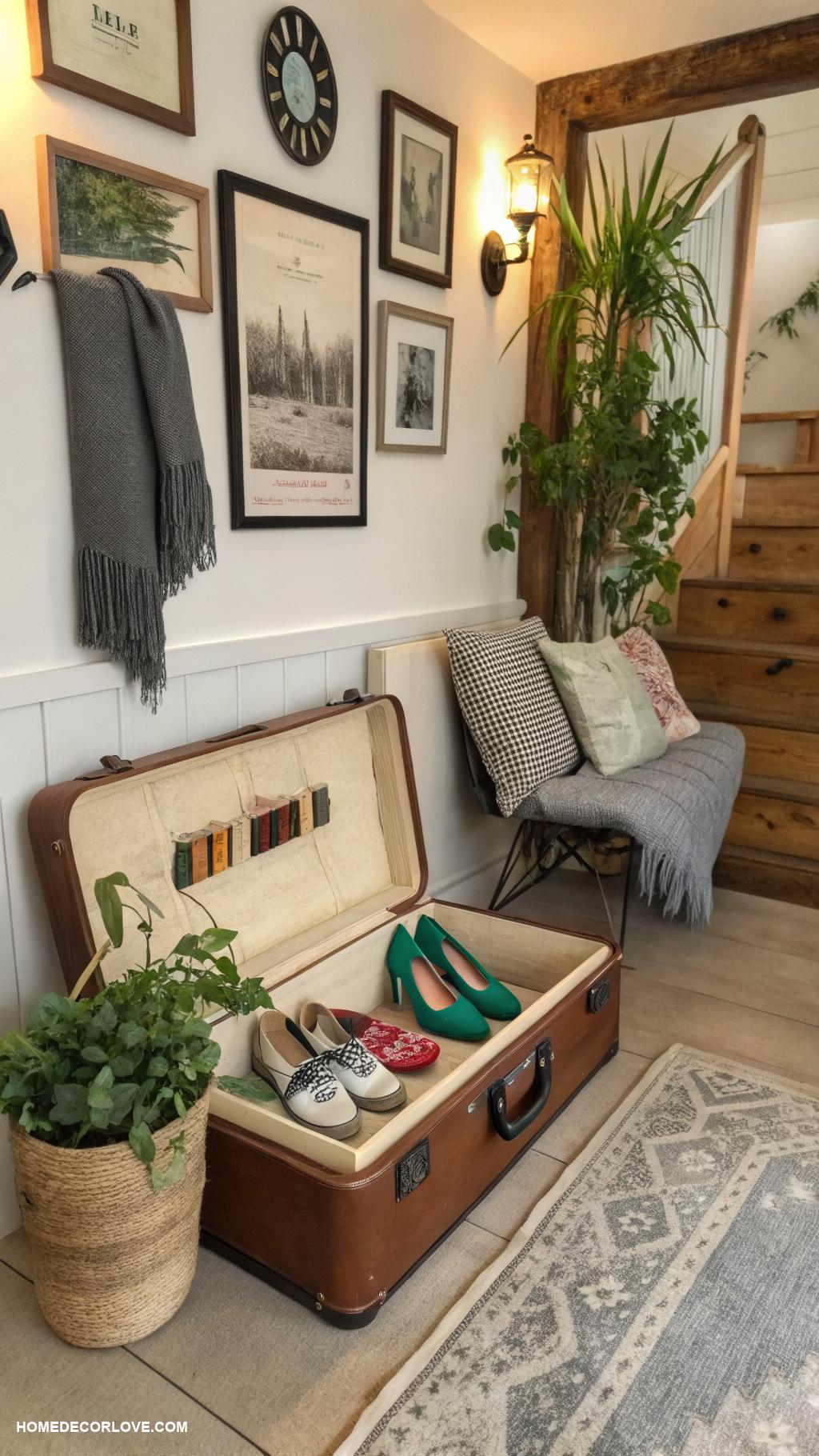 entryway shoe storage ideas Vintage suitcase for stylish storage