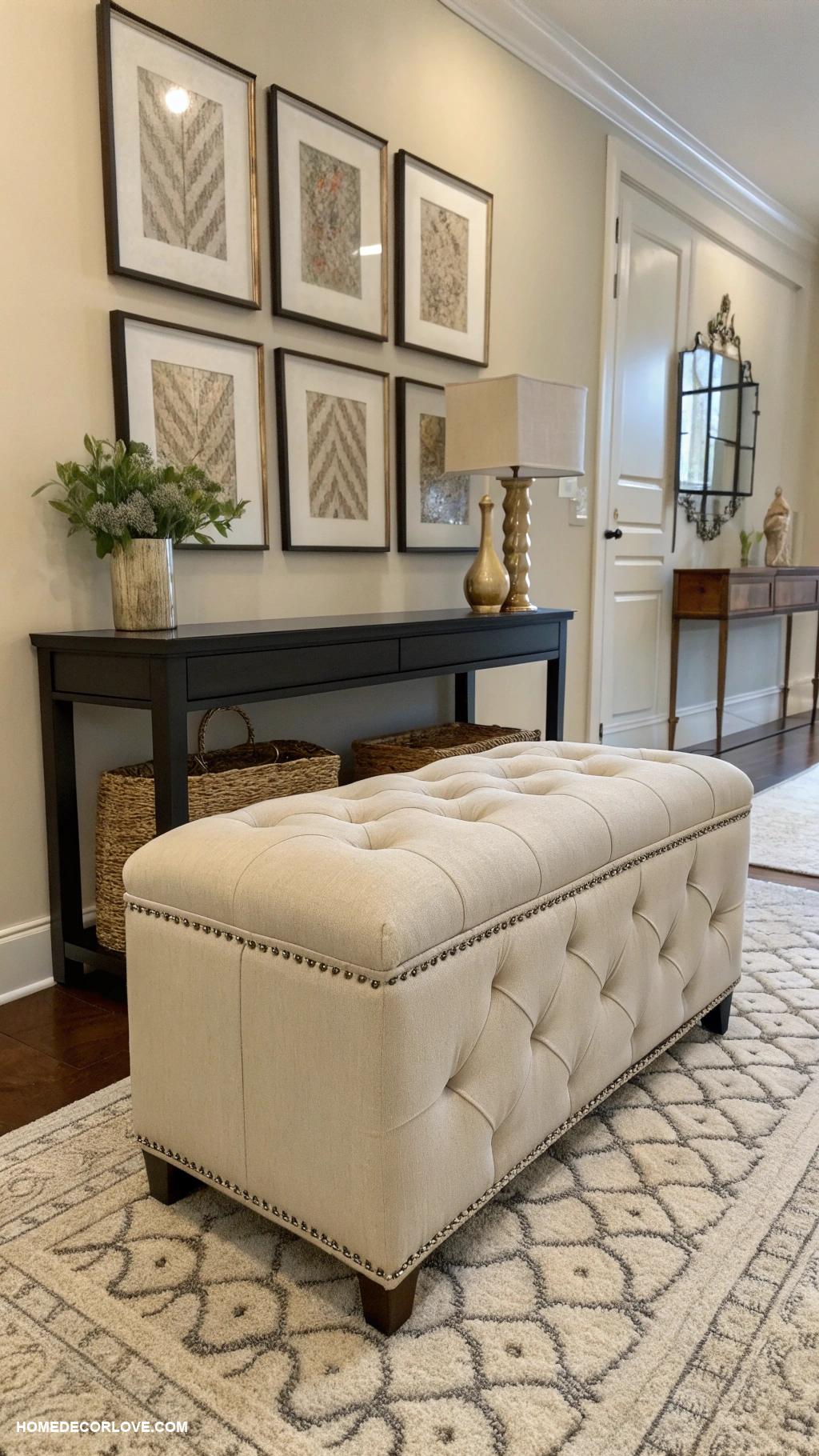 entryway storage ideas Incorporate a storage ottoman for shoes