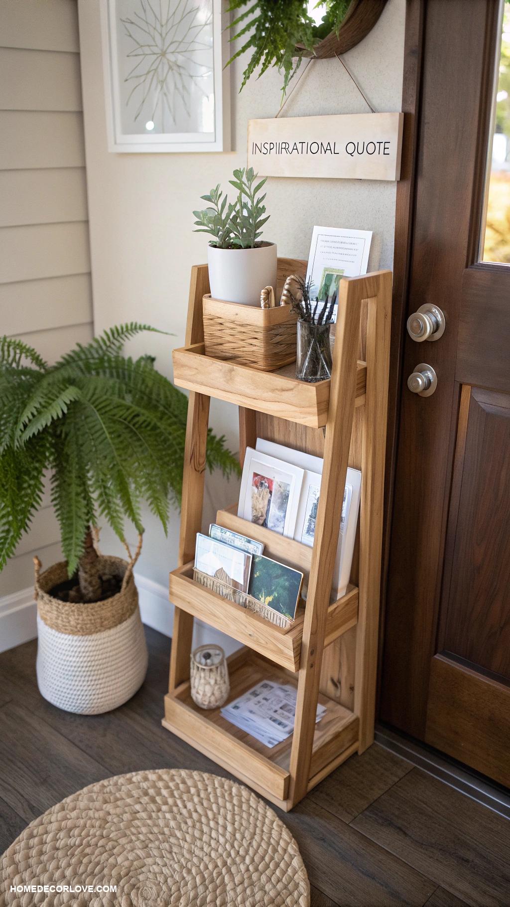 entryway storage ideas Place a tiered stand for mail and keys