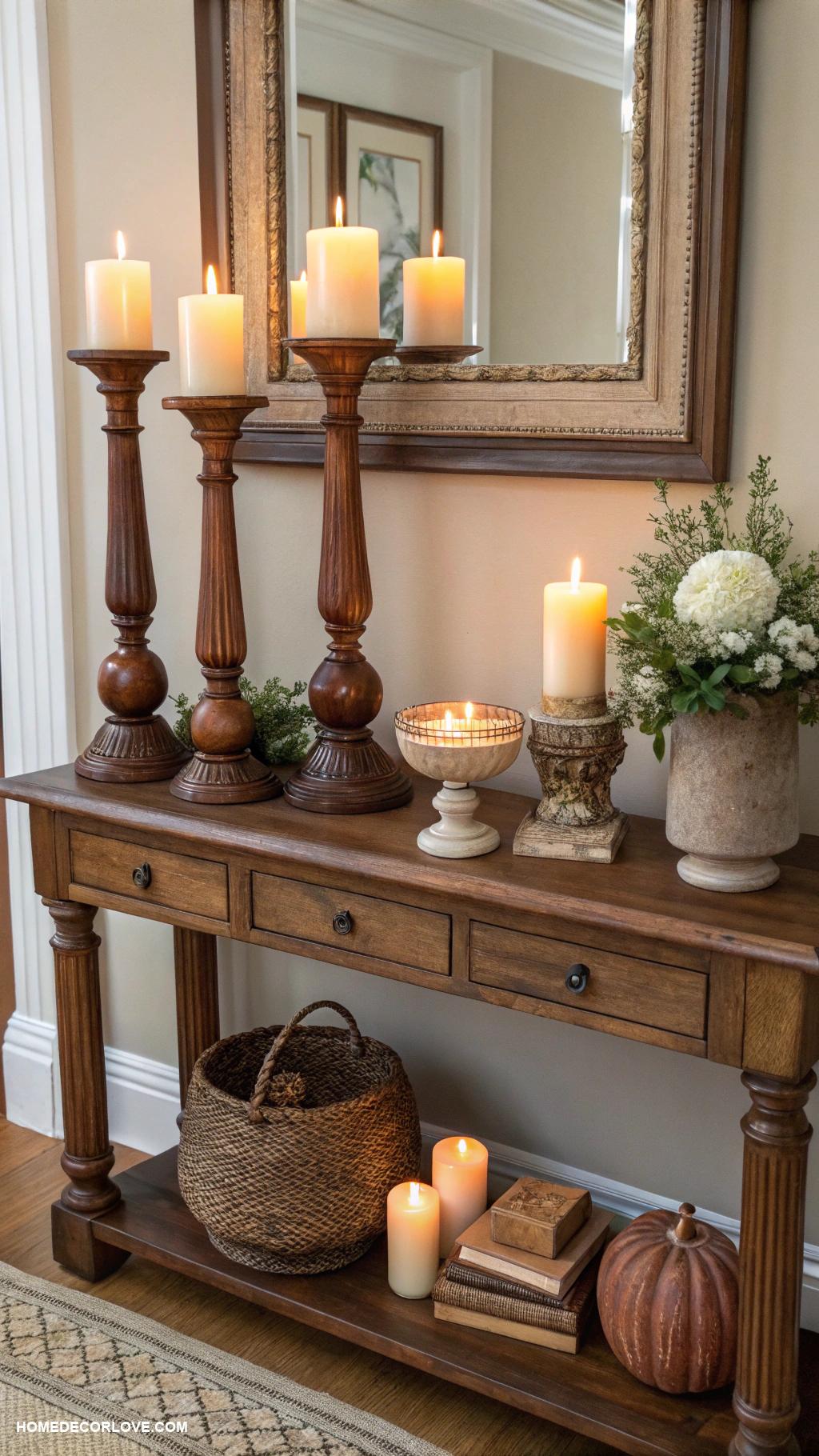 entryway table decor ideas Candles of different heights and sizes