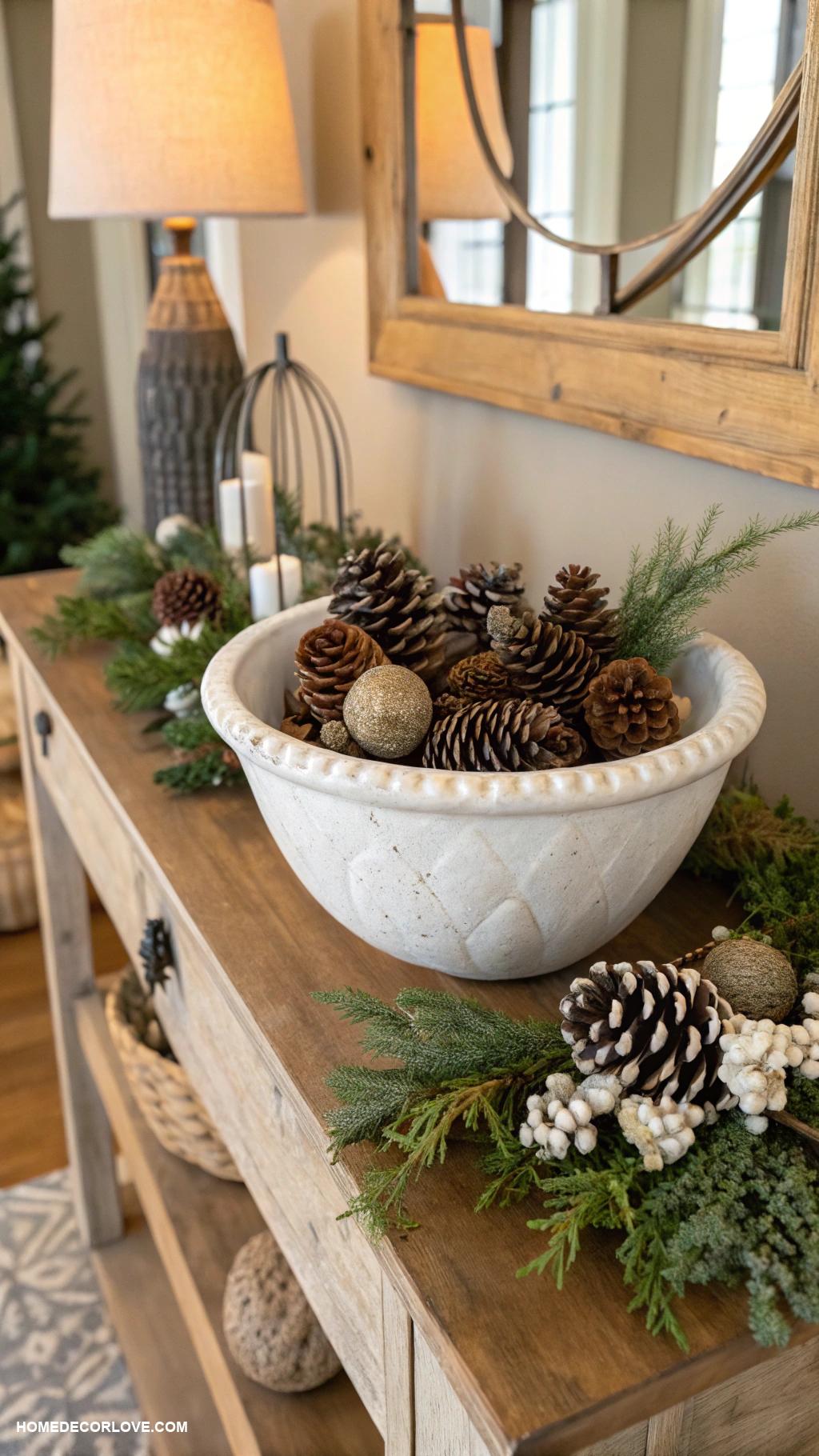 entryway table decor ideas Decorative bowl filled with pinecones