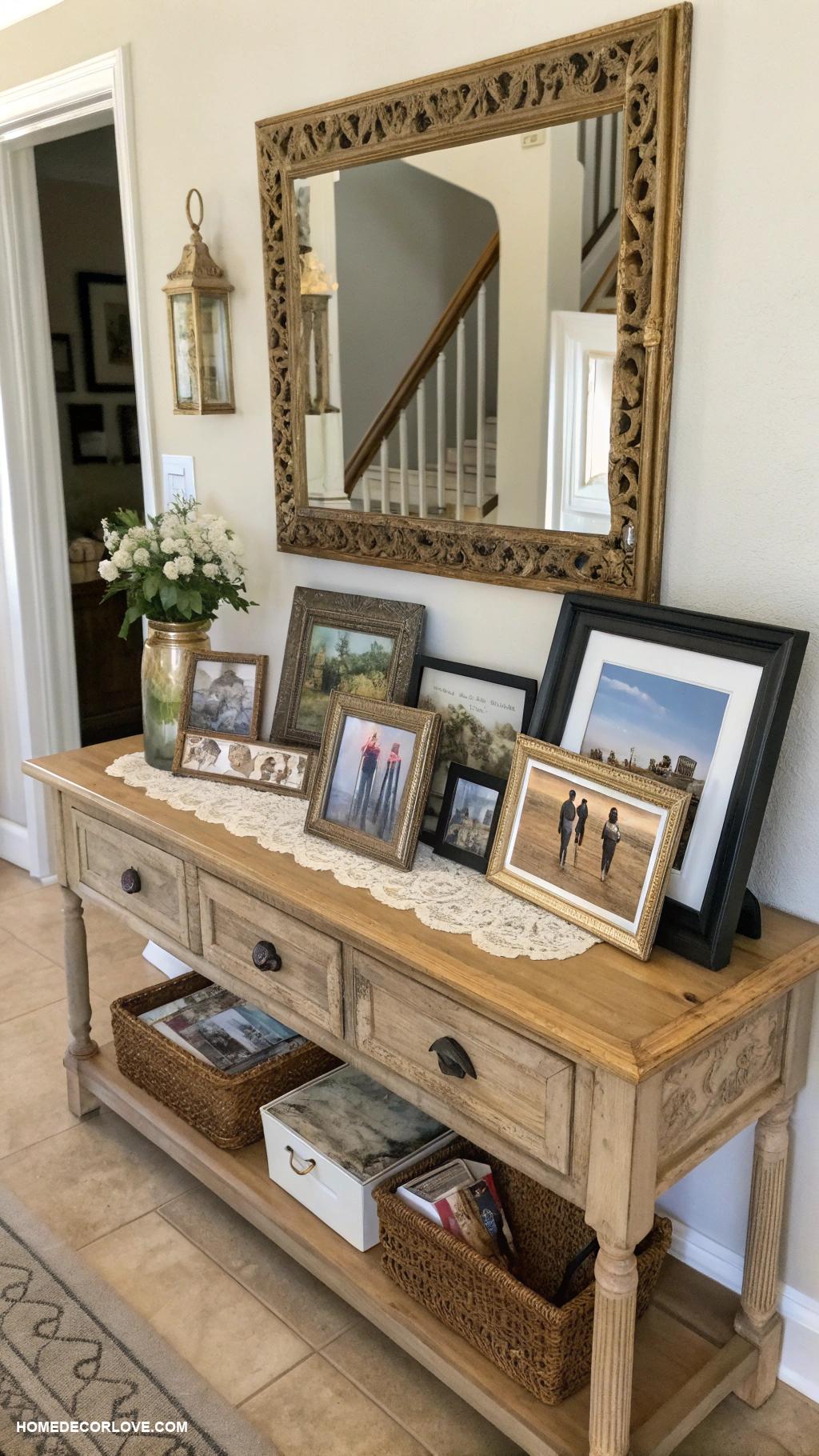 entryway table decor ideas Framed family photos in varied sizes