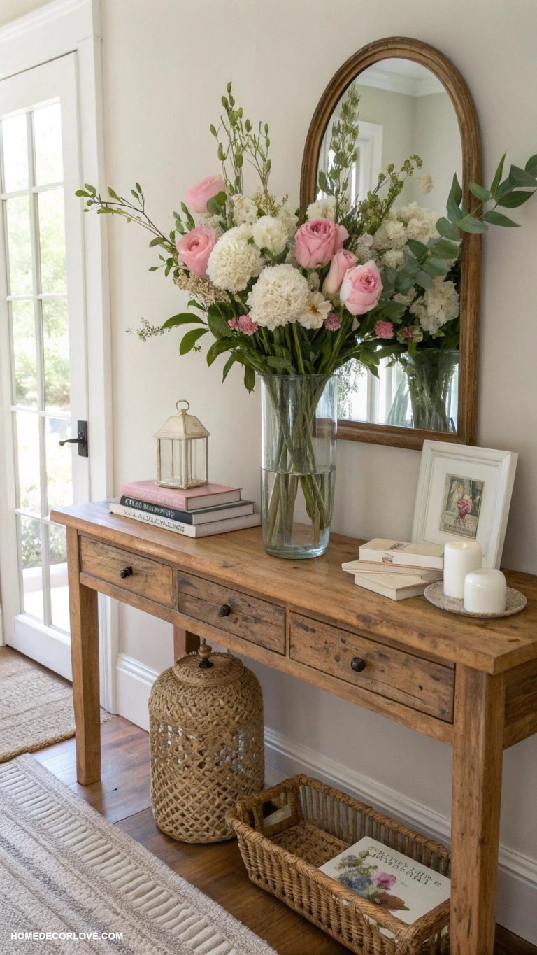 entryway table decor ideas Fresh flowers in a simple vase