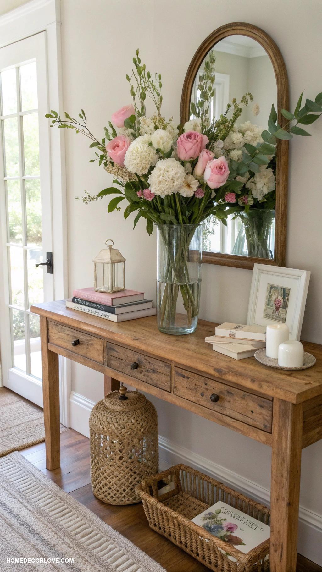 entryway table decor ideas Fresh flowers in a simple vase
