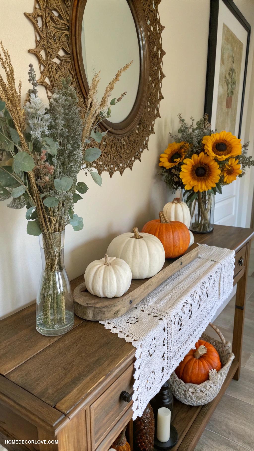 entryway table decor ideas Seasonal decorations like pumpkins or shells