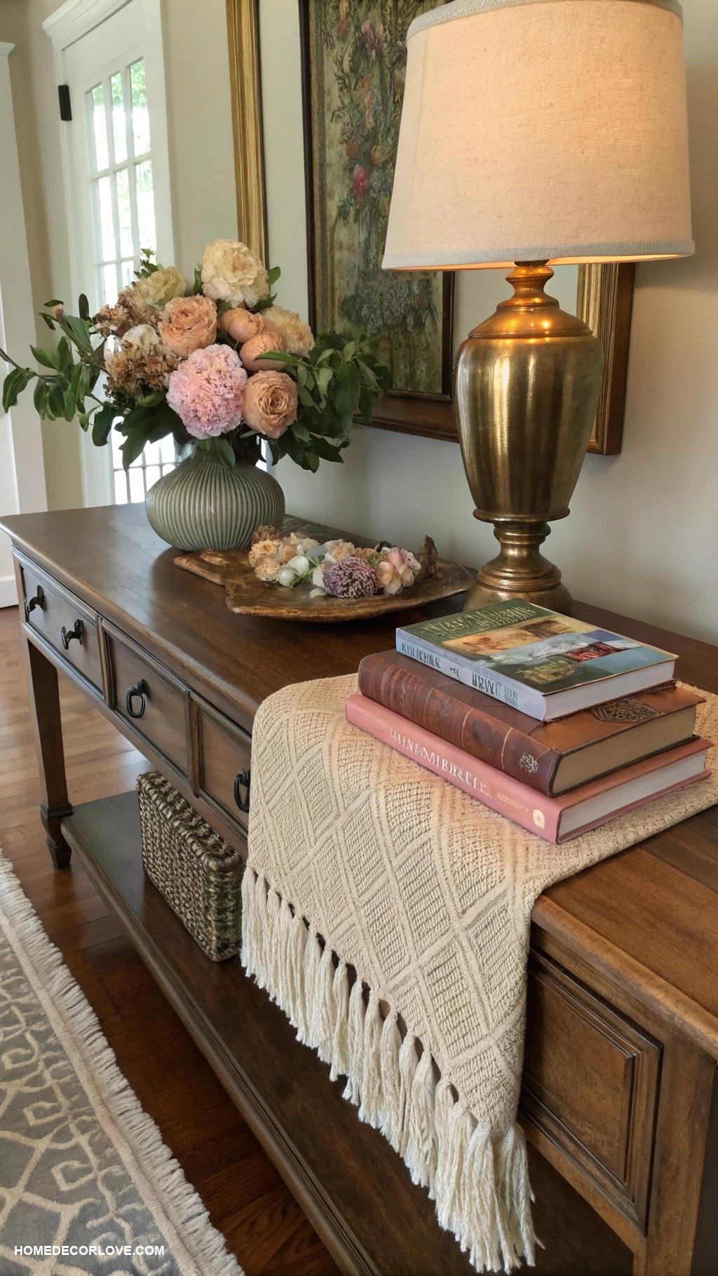 entryway table decor ideas Textured runner or tablecloth for warmth